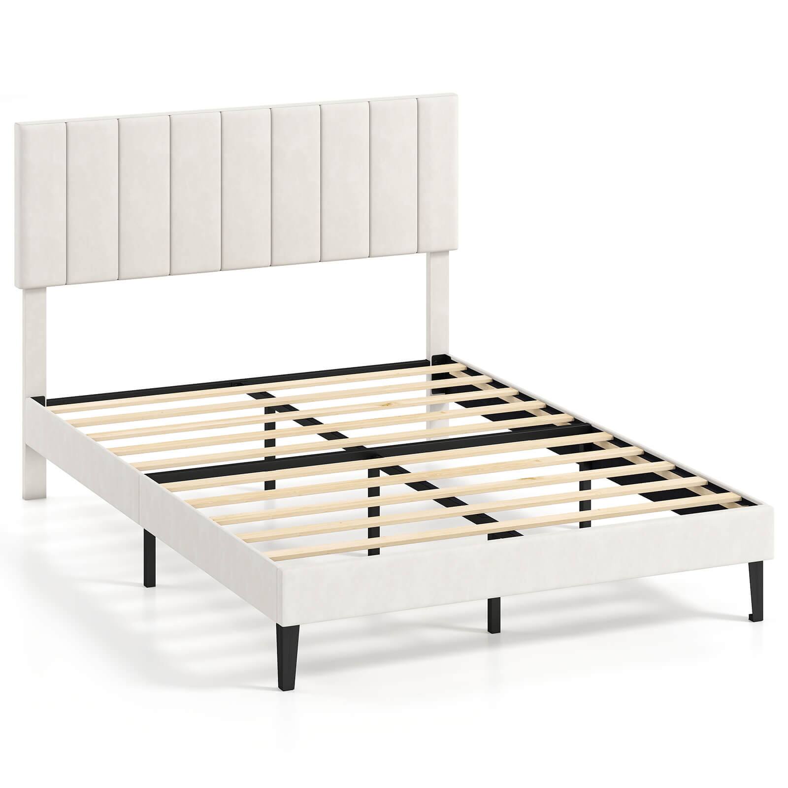 Costway - Full Size Velvet Bed Frame with Height Adjustable Vertical Channel Headboard - Beige