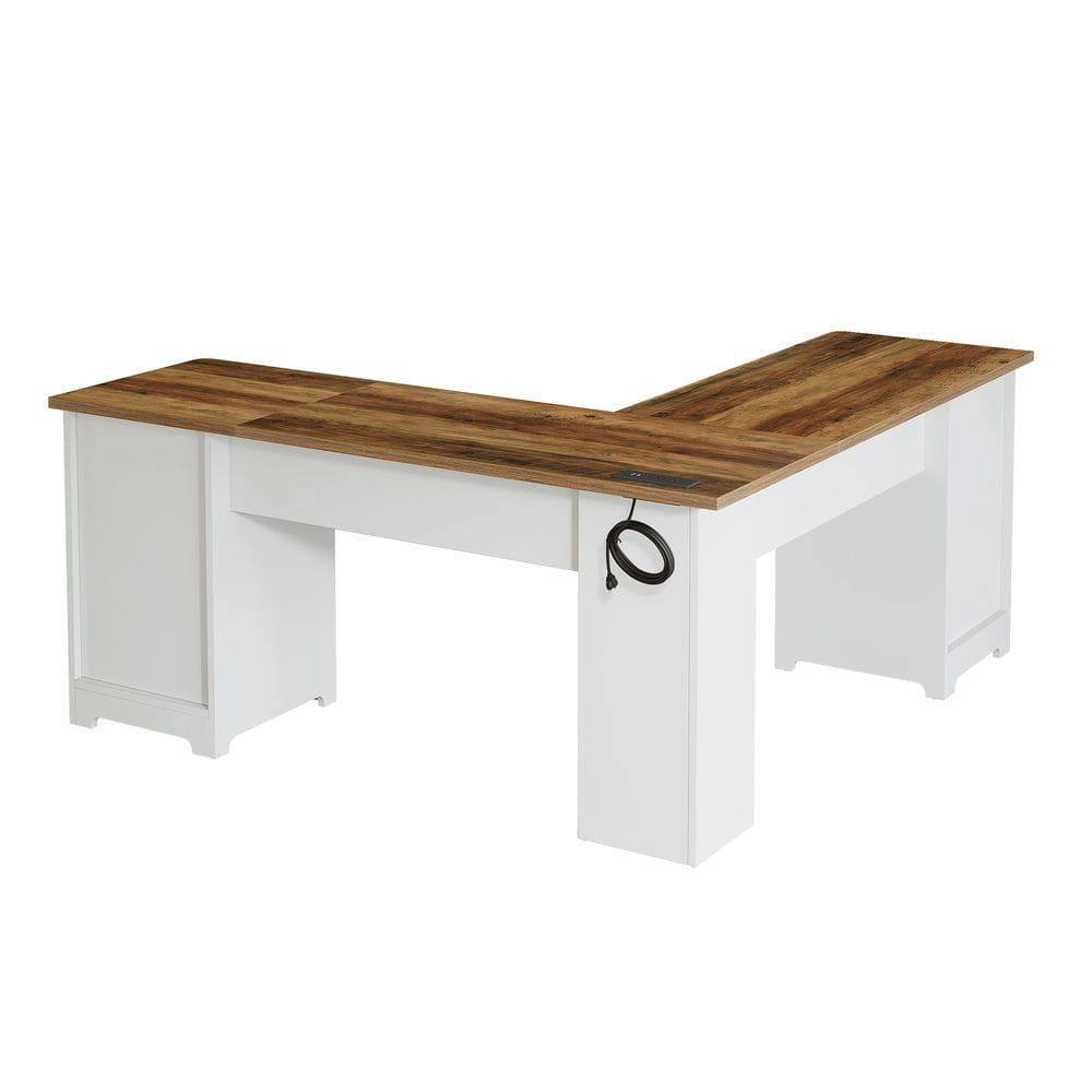 Back. Kadyn - L-Shaped Executive Desk with USB Charging, File Drawer & Storage Cabinet, 59 Inch, Brown - Brown.