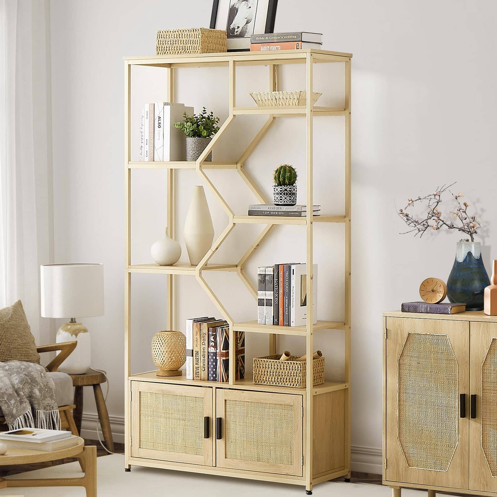 Ecooso - 7-Tier Rattan Bookshelf with Cabinet, Tall Storage Rack & Bookcase for Living Room & Home Office, 39.4"W x 75.6"H - Natural