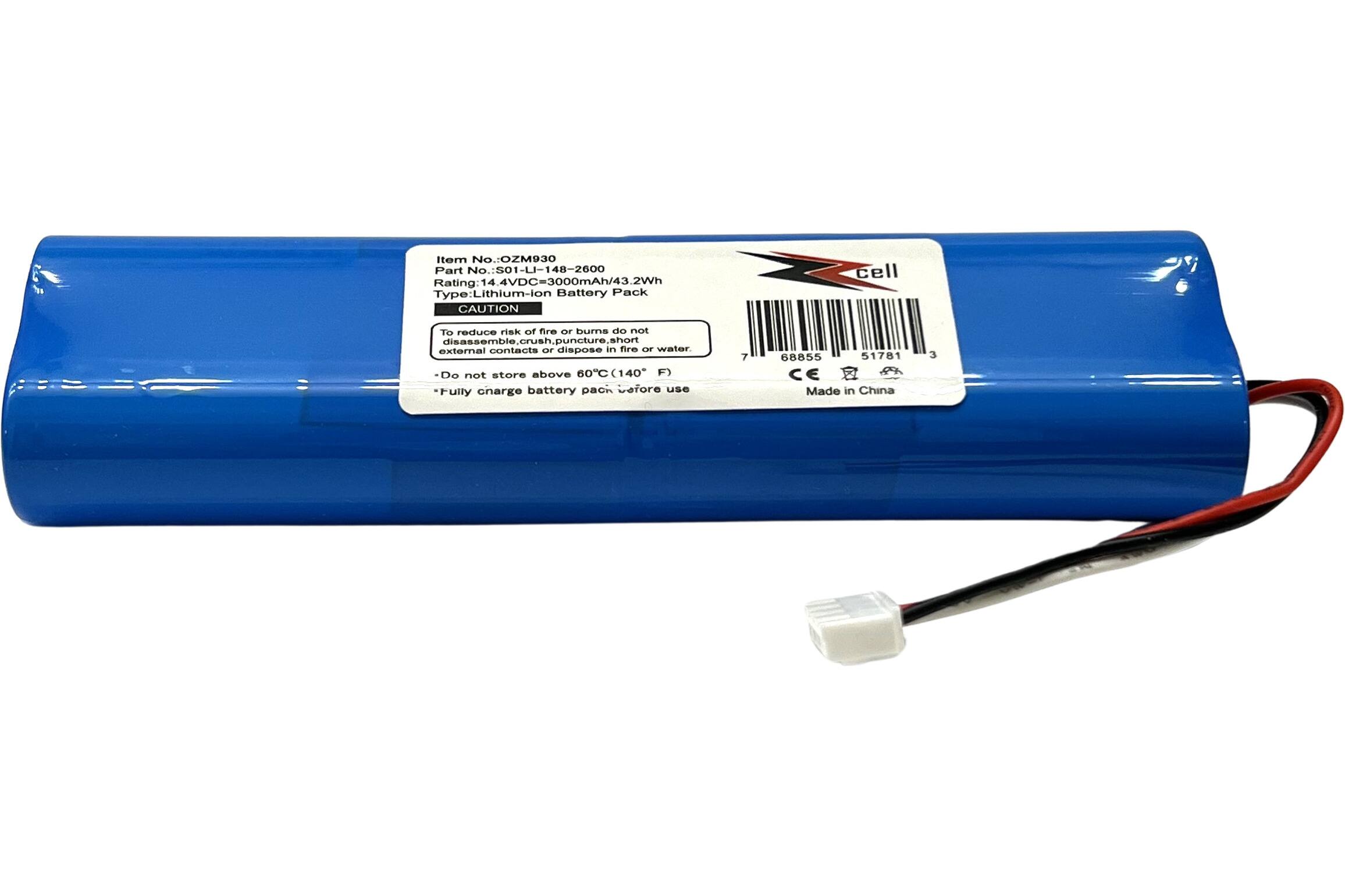 Item No.: OZM930  
Part No.: 501-LI-148-2600  
Rating: 14.4VDC=3000mAh/43.2Wh  
Type: Lithium-ion Battery Pack  

CAUTION  
To reduce risk of fire or burns do not disassemble, crush, puncture, short external contacts or dispose in fire or water.  
Do not store above 60°C (140°F)  
Fully charge battery pack before use  

Made in China