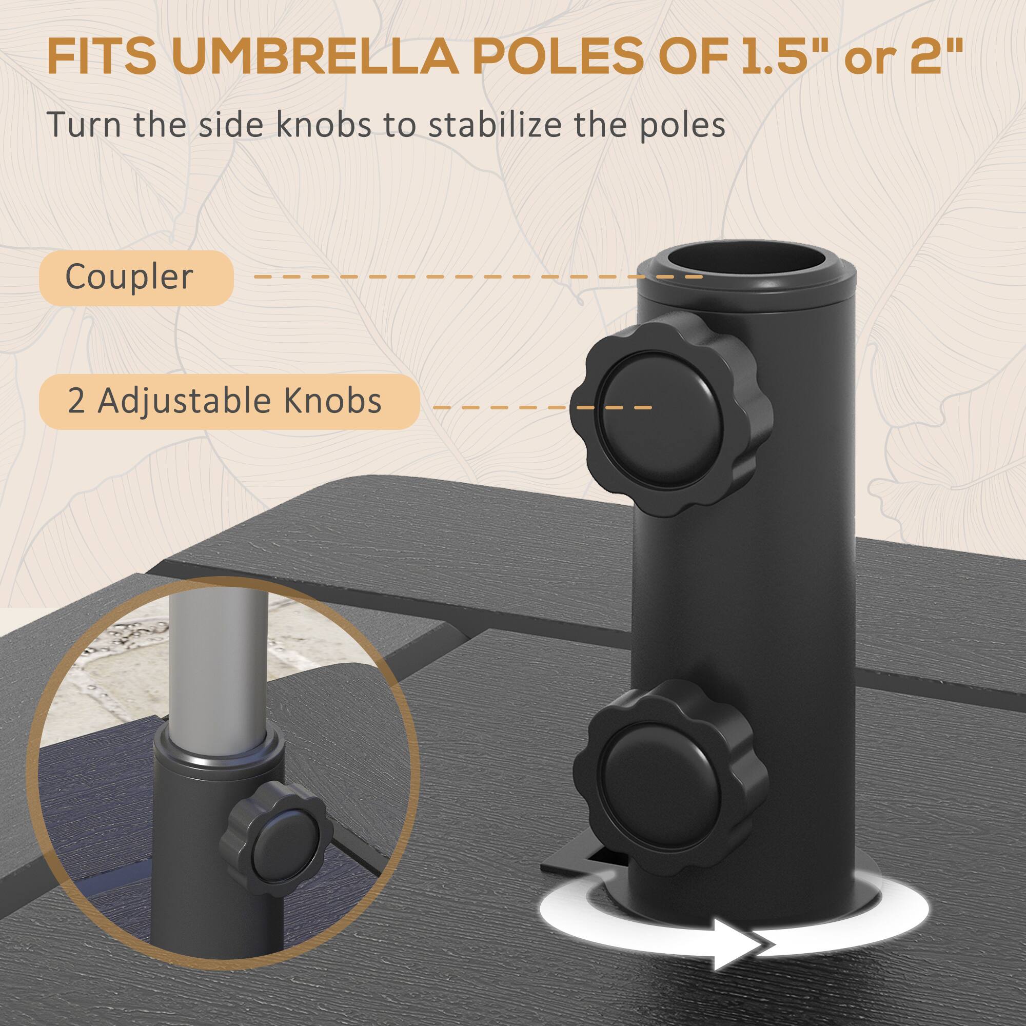 FITS UMBRELLA POLES OF 1.5" or 2"

Turn the side knobs to stabilize the poles

Coupler

2 Adjustable Knobs