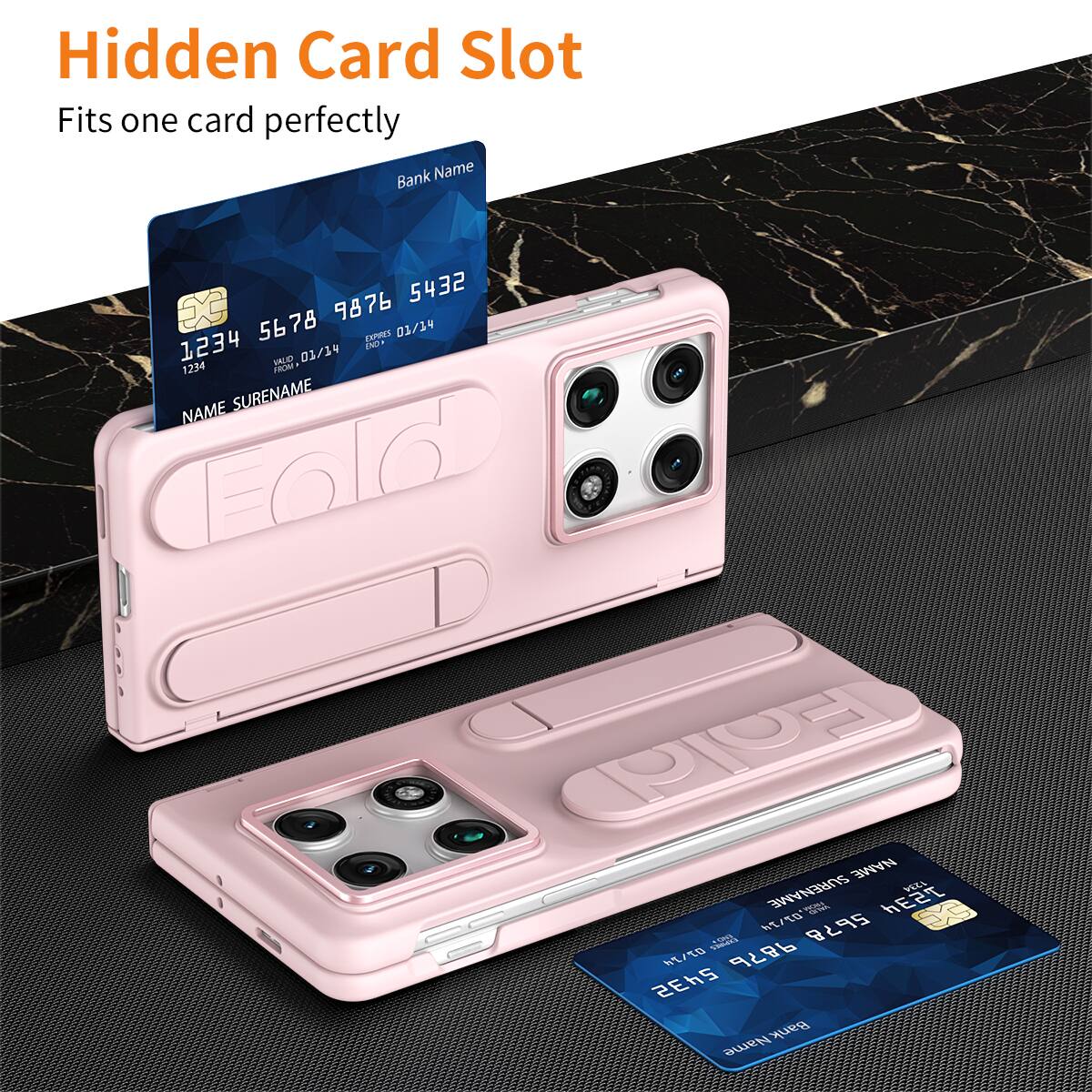Hidden Card Slot  
Fits one card perfectly  

Bank Name  
1234 5678 9876 5432  
VALID 01/14  

NAME SURNAME  

E/T 5678  
E/ 9876 5432