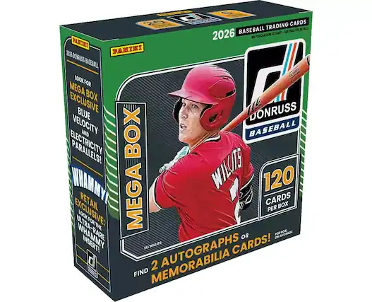 2026 Donruss Baseball Trading Cards Mega Box
- 120 Cards Per Box
- Look for Mega Box Exclusive Blue Velocity and Electricity Parallels!
- Retail Exclusive: Ultra-Rare Whammy Insert!
- Find 2 Autographs or Memorabilia Cards!
No Purchase Necessary - See Pack for Details