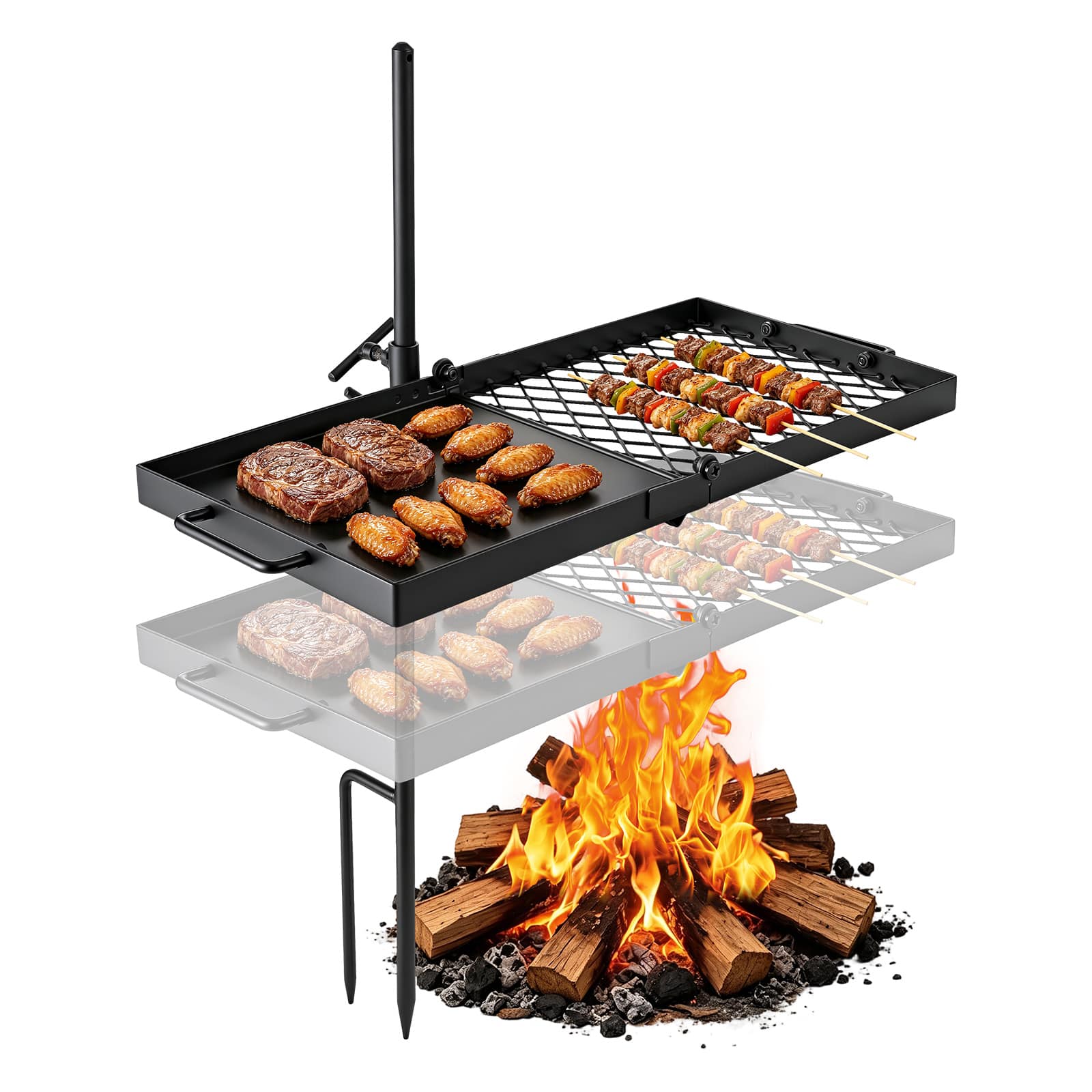 VEVOR - Heavy Duty Swivel Campfire Grill,24" Portable Camping Grill Grate & Griddle,Sturdy Steel BBQ Mesh,360° Height Adjustable - Black