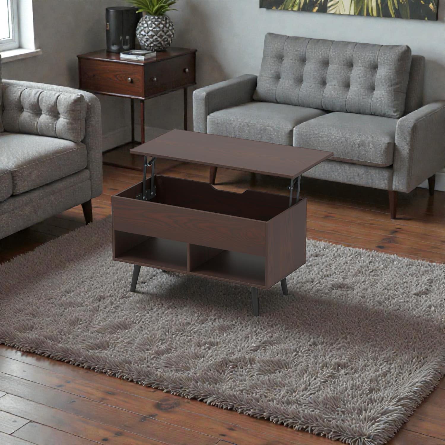 Hivvago - Modern 31.5" Lift-Top Coffee Table with Discreet Storage and Open Shelf Space - Brown