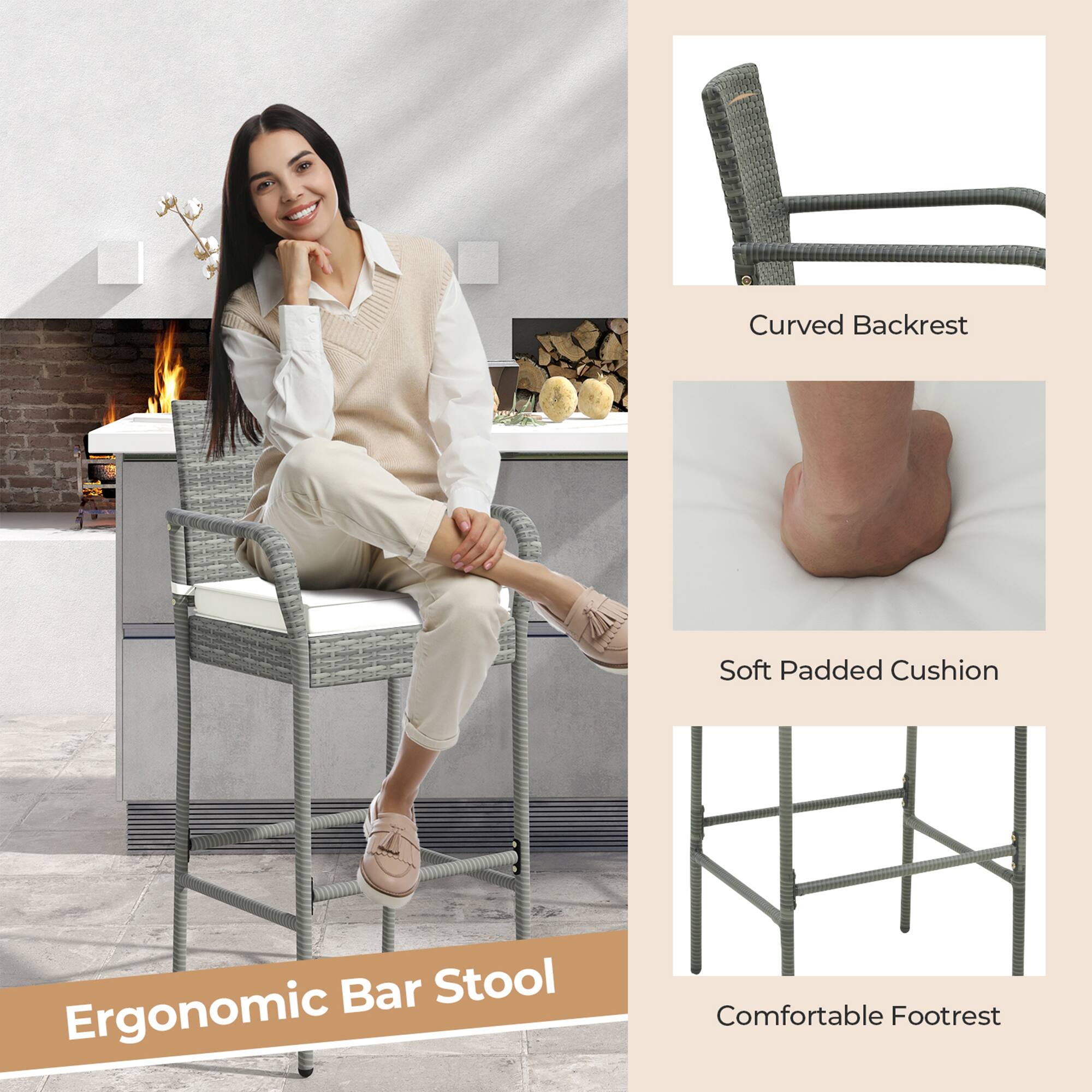 Ergonomic Bar Stool

- Curved Backrest
- Soft Padded Cushion
- Comfortable Footrest