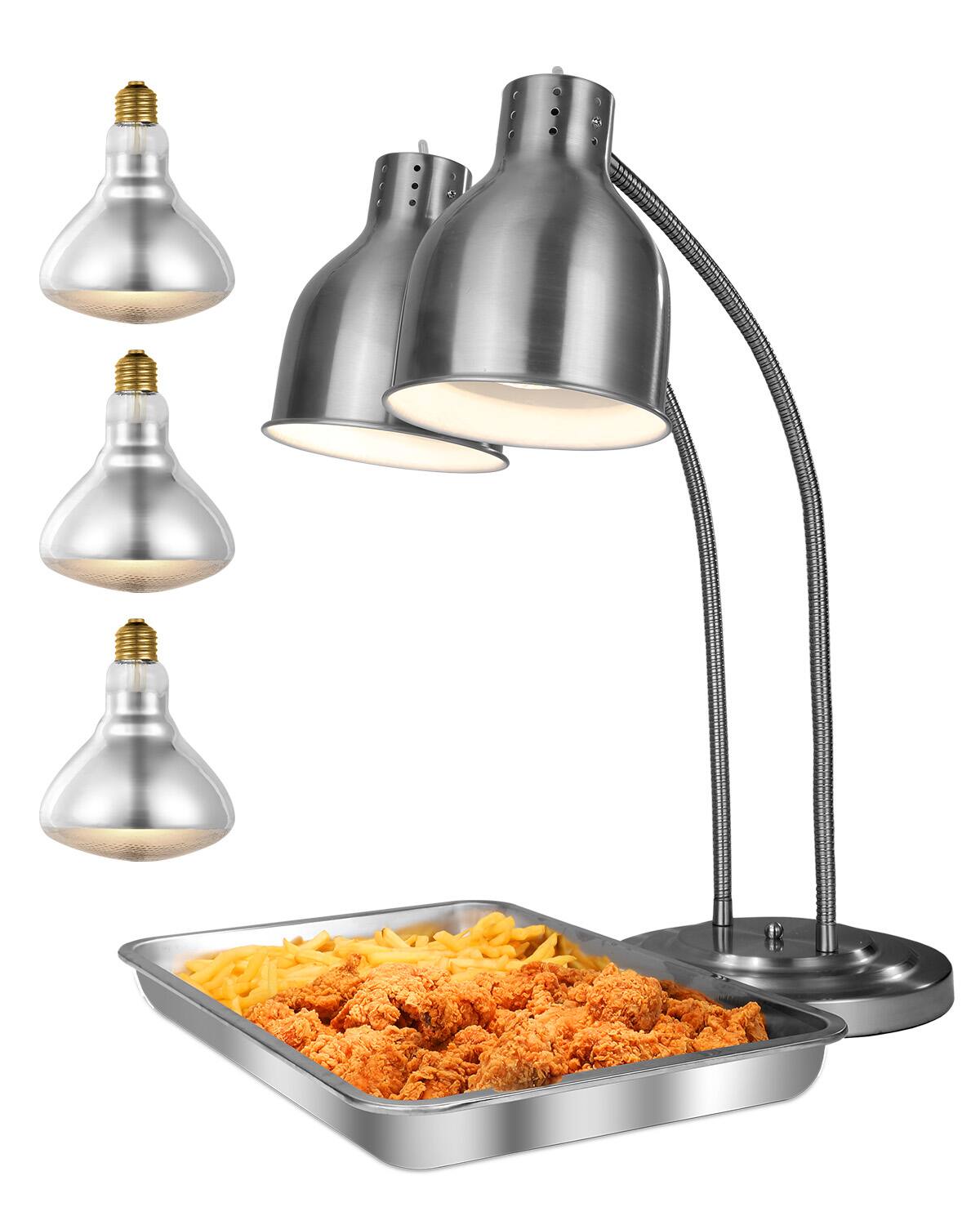 Front. VEVOR - Food Heat Lamp, 500W Electric Commercial Food Warmer Light, 2-Head Stainless Steel French Fry Heating Lamp with 3 Bulbs - Silver.