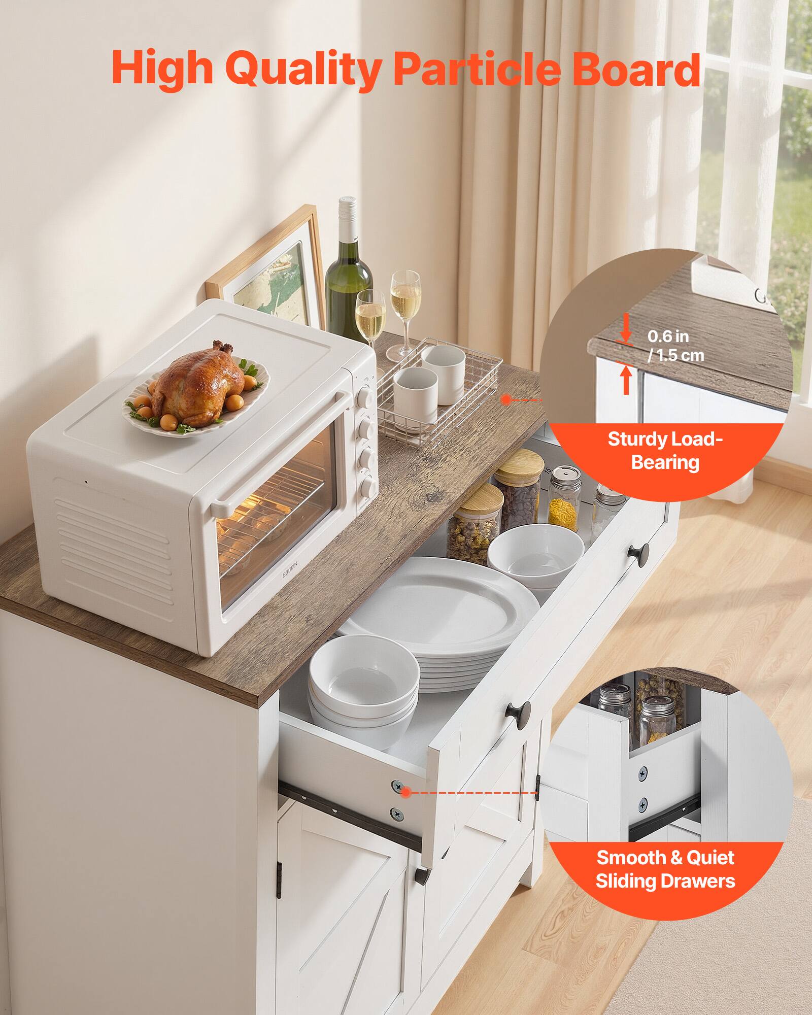 High Quality Particle Board

0.6 in / 1.5 cm

Sturdy Load-Bearing

Smooth & Quiet Sliding Drawers