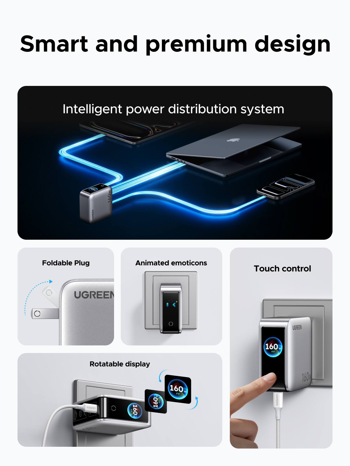Smart and premium design

Intelligent power distribution system

SANDWICKITE

160w

Foldable Plug

Animated emoticons

Touch control

UGREEN

UGREEN

160

Rotatable display