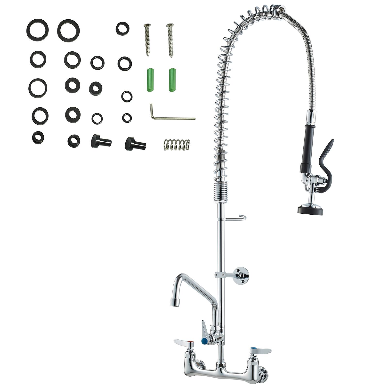 Alt View 5. VEVOR - Wall-Mounted Brass Kitchen Faucet, 36" Tall, 8" Installation Width, Includes 12" Rotating Spout and Pull-Down Sprayer - Silver.