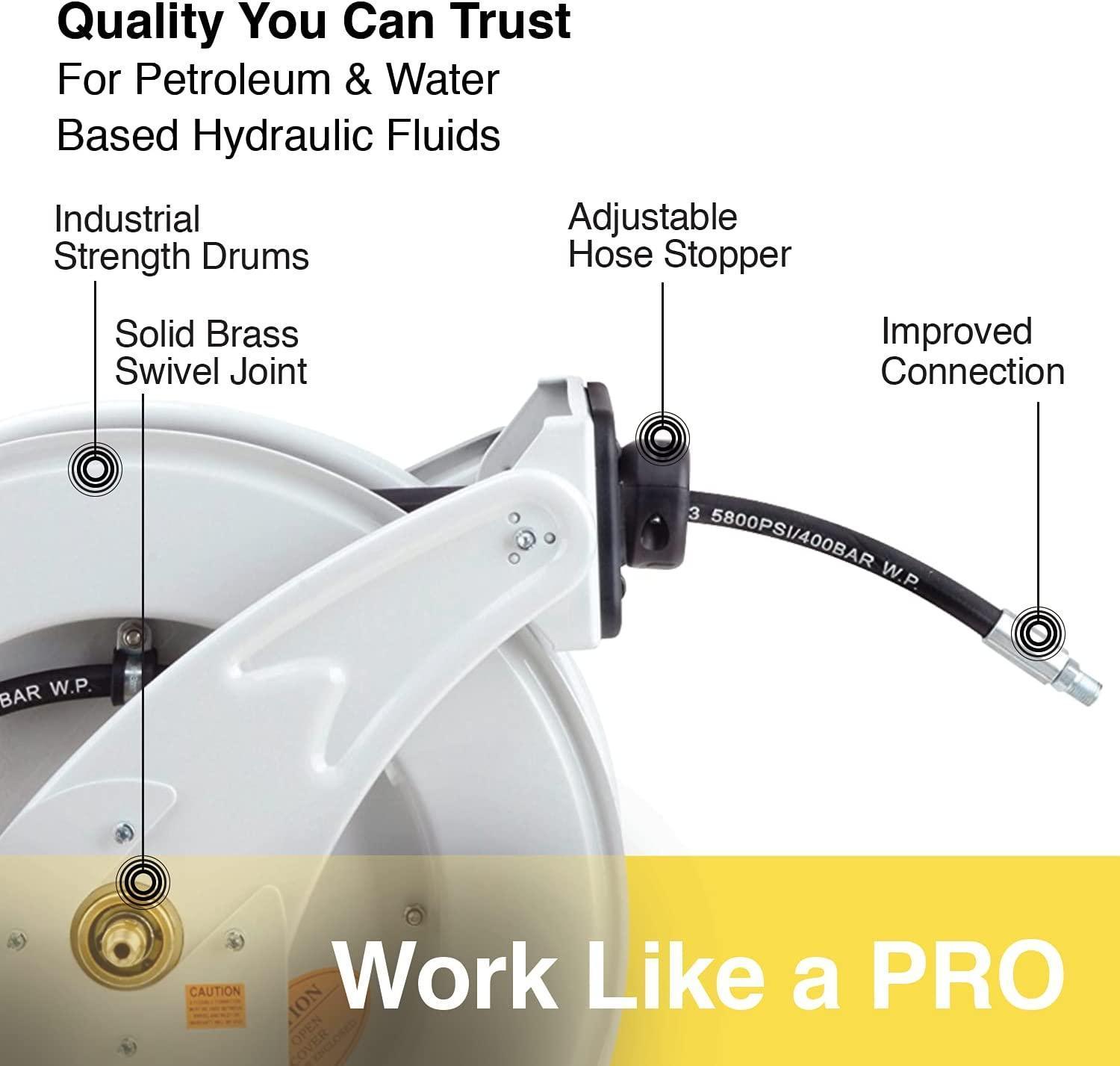 Quality You Can Trust  
For Petroleum & Water Based Hydraulic Fluids  

Industrial Strength Drums  

Solid Brass Swivel Joint  

Adjustable Hose Stopper  

Improved Connection  

3 5800PSI/400BAR W.P.  

Work Like a PRO
