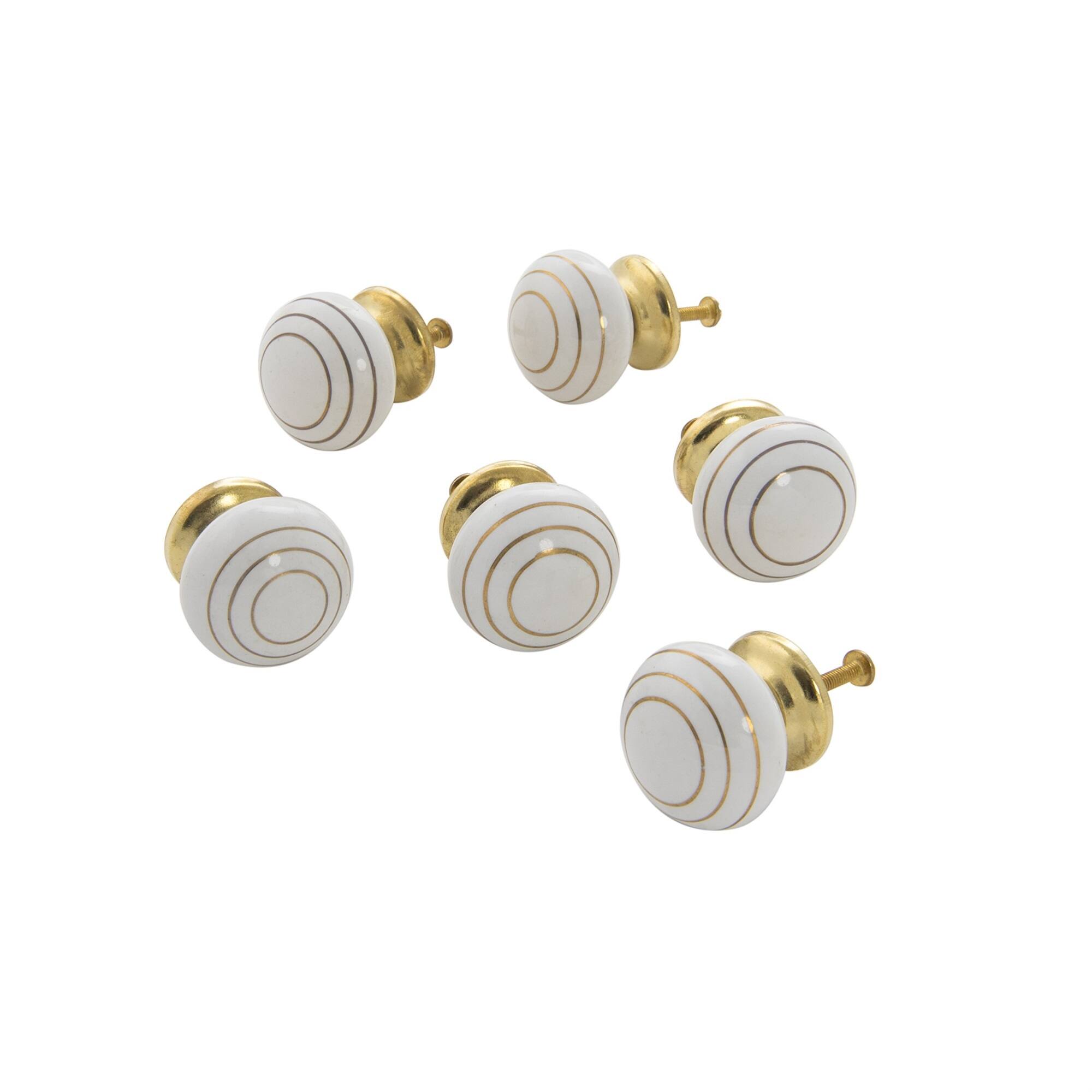 Front. TX USA Corporation - Ceramic Gold Ring Ball Knob White Set of 6 - White.