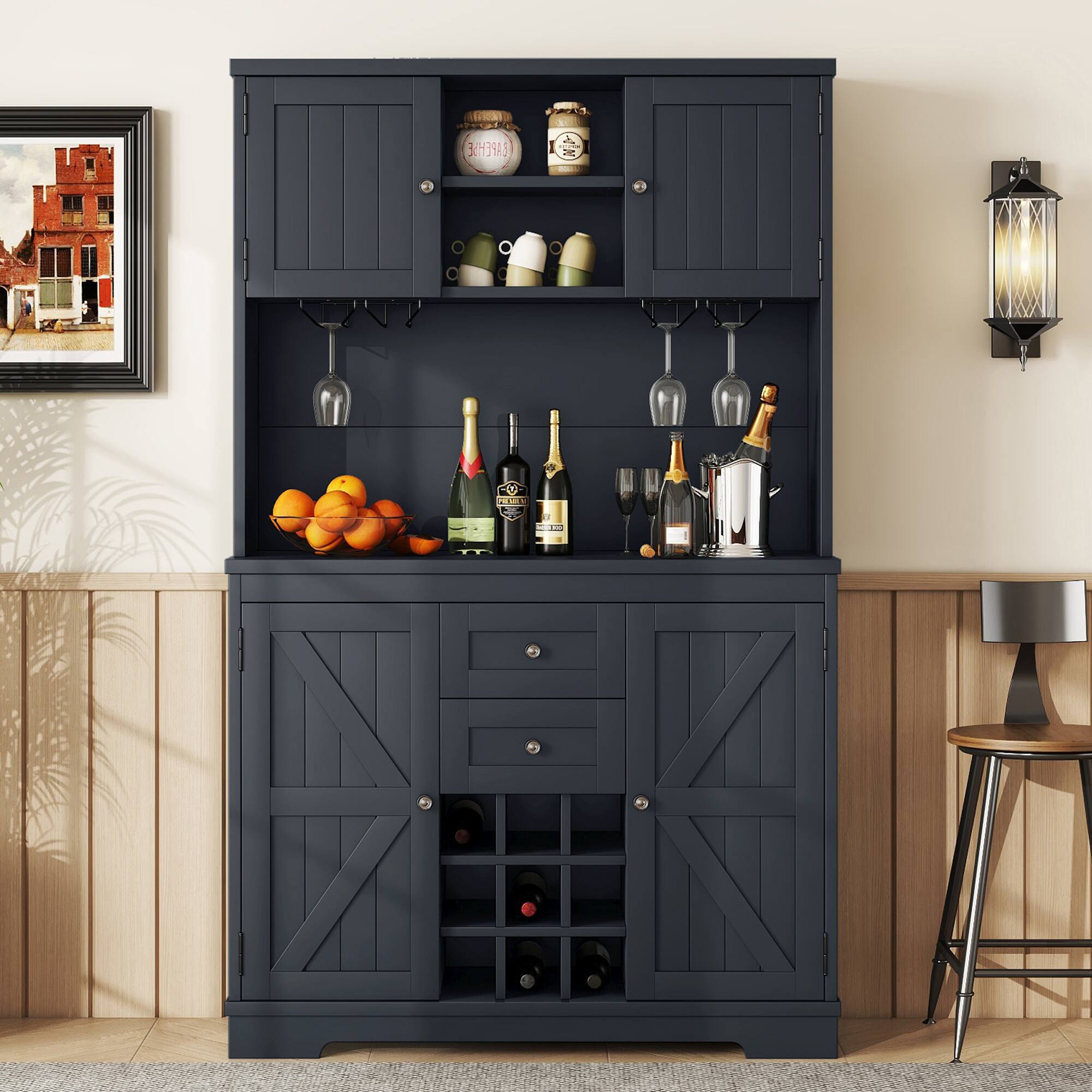 Alt View 1. Dexmalle - Dexmalle-Freestanding Kitchen Storage Cabinet with Microwave Shelf and Wine Racks-Antique Blue - Antique Blue.