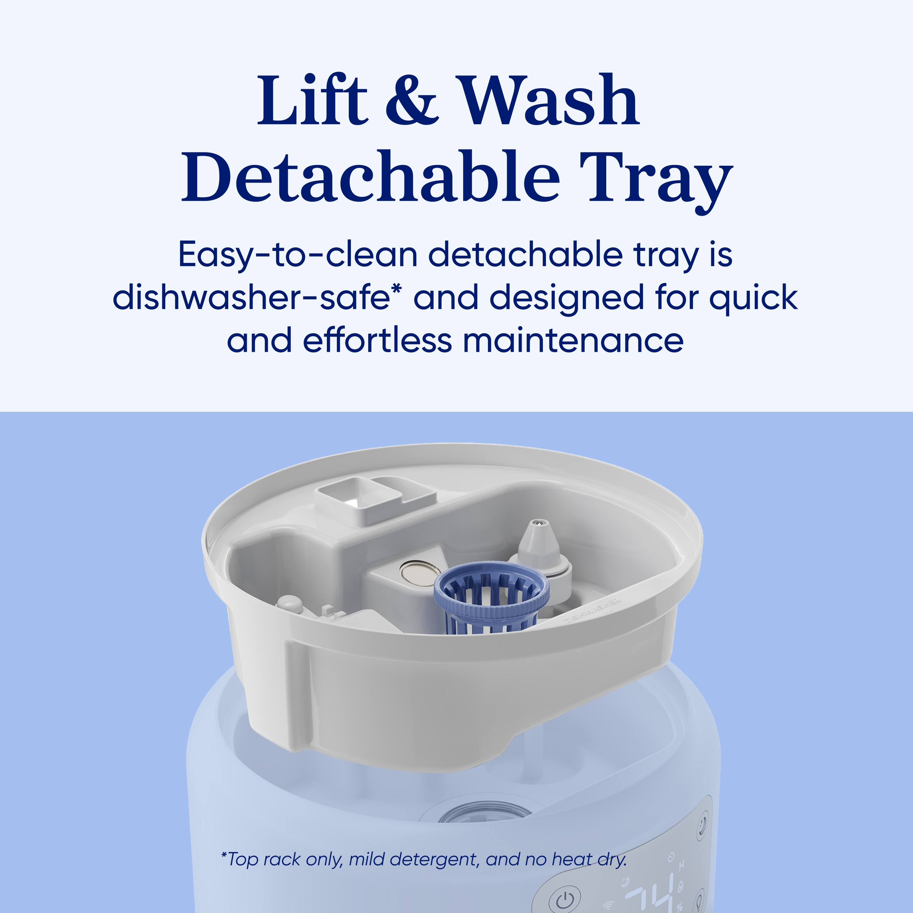 Lift & Wash Detachable Tray  
Easy-to-clean detachable tray is dishwasher-safe* and designed for quick and effortless maintenance  
*Top rack only, mild detergent, and no heat dry.