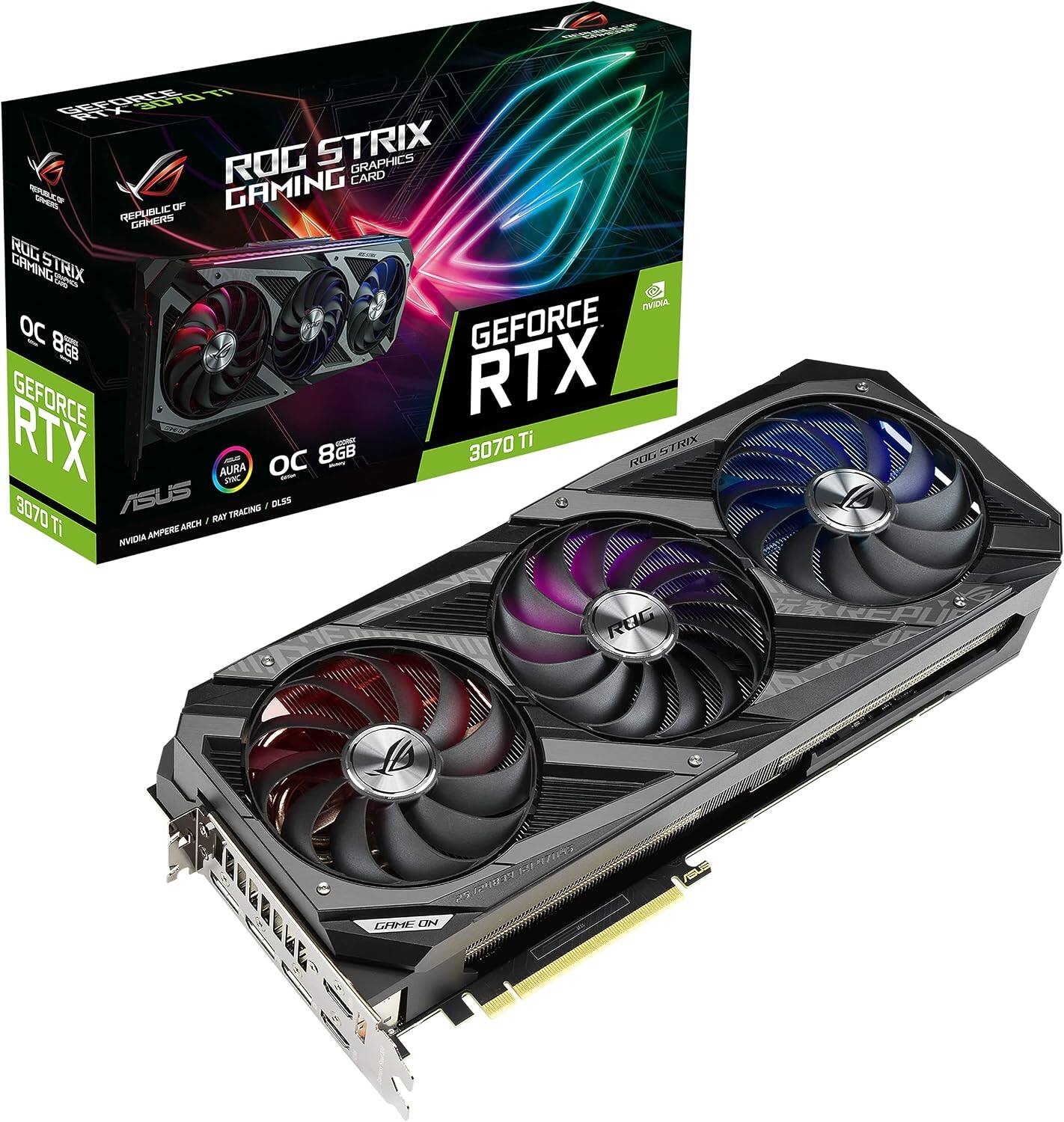 ROG STRIX GAMING GRAPHICS CARD WECP SERIES OF GAMING REPLIBLI GRNENT RUG GRMING STRIX C OC 8 GEFORCE GEFORCE RTX RTX AURA - S OC 8GB - 3070 Ti N STIaX 3070 ASUS FRACING a am 1 RAT Ti ARCM IVIDIA AMPERE ROG P OCKALKE 1 GHE C74 cmE OUPT