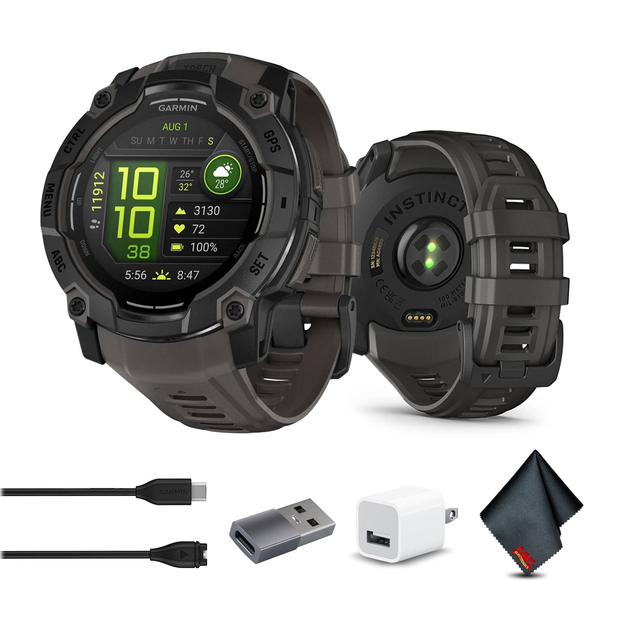 Sure, here is the corrected and grouped text from the image:

**Watch Face:**
- GARMIN
- AUG 1
- 10:10
- 38
- 5:56 8:47
- 11912
- 10
- 32
- 26°
- 3130
- 72
- 100%
- CTRL
- MENU
- ABC
- SET
- GPS
- START/STOP
- SUM T W TH F S
- 26°
- 32°
- 26°
- NAO0
- INSTINCT
- CE METE
- Z
- 1D0
- MIL-STD

**Watch Body:**
- INSTINCT
- 1000 FT
- 305 M
- 100 METERS
- 305 METERS
- 10 ATM
- 100 METERS
- 305 METERS
- 10 ATM
- 10 ATM
- 10 ATM
- 10 ATM
- 