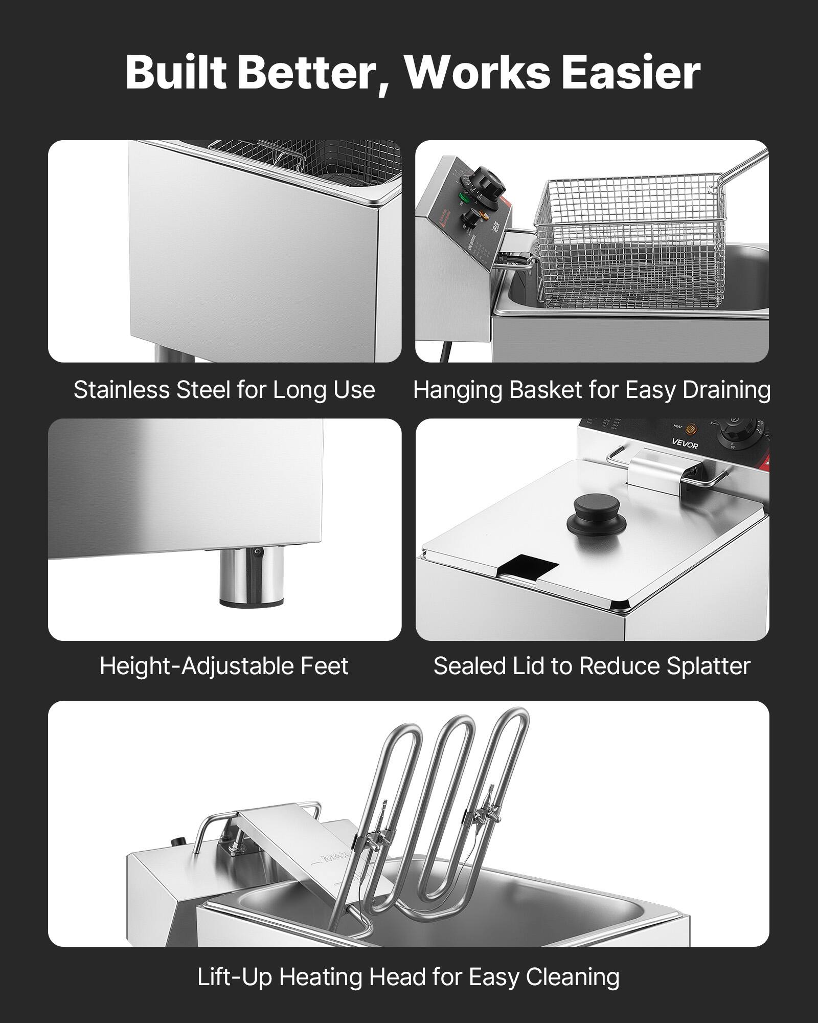 Built Better, Works Easier

Stainless Steel for Long Use
Hanging Basket for Easy Draining
Height-Adjustable Feet
Sealed Lid to Reduce Splatter
Lift-Up Heating Head for Easy Cleaning