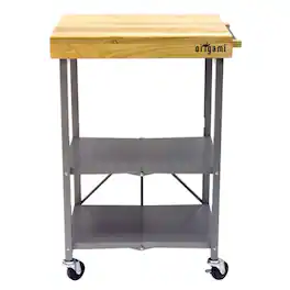 Origami - Foldable Kitchen Island Cart, Wheeled Rolling Storage Cart with Shelves - Silver