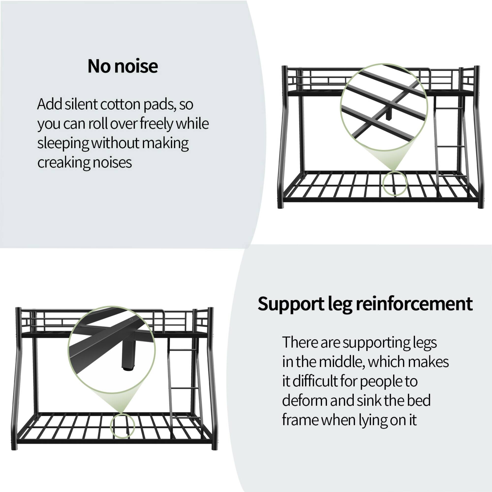 **No noise**  
Add silent cotton pads, so you can roll over freely while sleeping without making creaking noises

**Support leg reinforcement**  
There are supporting legs in the middle, which makes it difficult for people to deform and sink the bed frame when lying on it