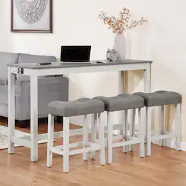 Loheer - Bar Table Set with Three Stools and Power Outlet, 59 Inch Rectangular Table - White and Grey