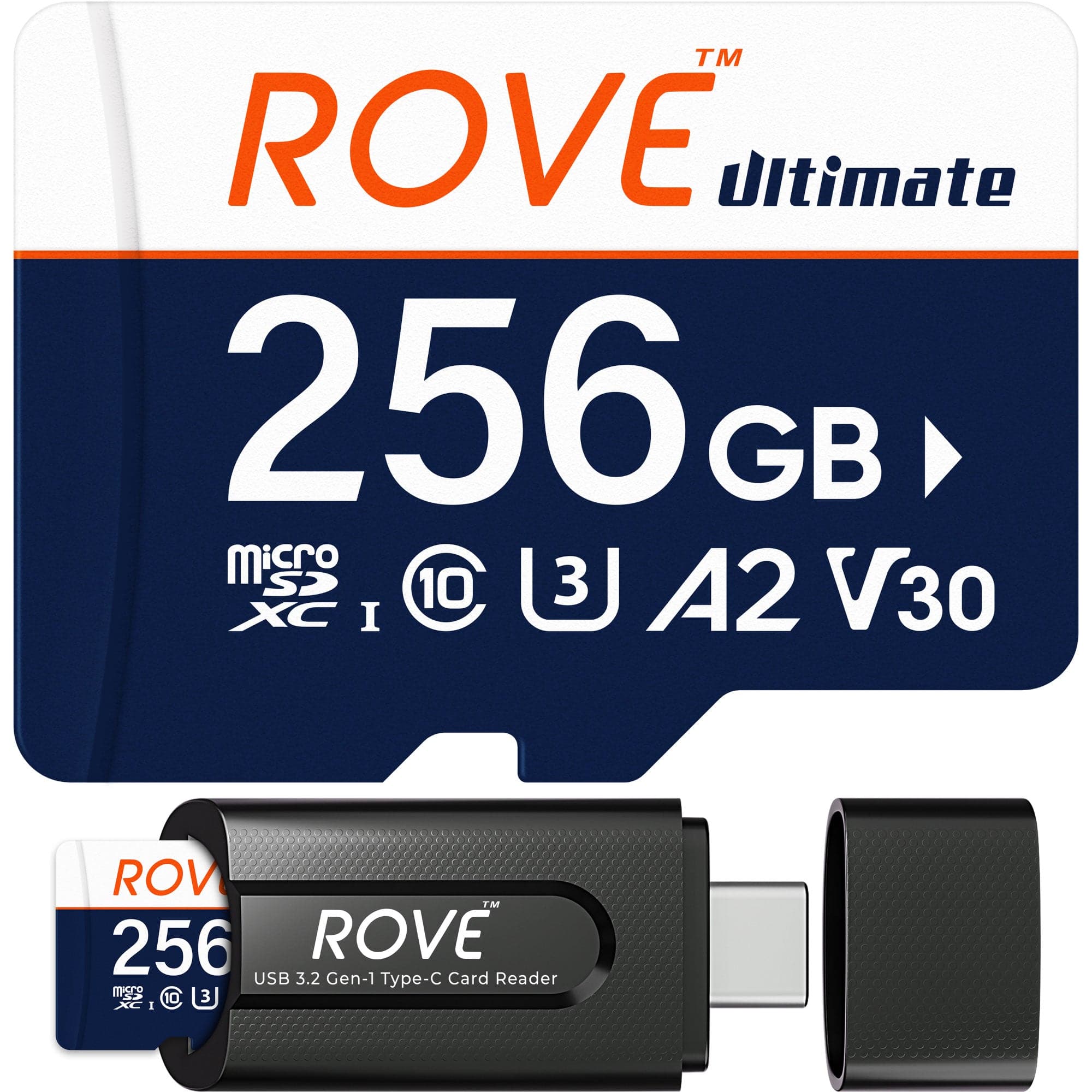 ROVE - Ultimate microSDXC Memory Card with USB 3.2 Card Reader 170MB/s, C10, U3, V30, A2 for Dash Cam, Smart Phones, Games