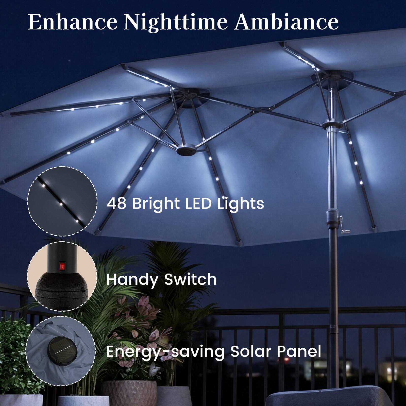 Enhance Nighttime Ambiance

48 Bright LED Lights

Handy Switch

Energy-saving Solar Panel