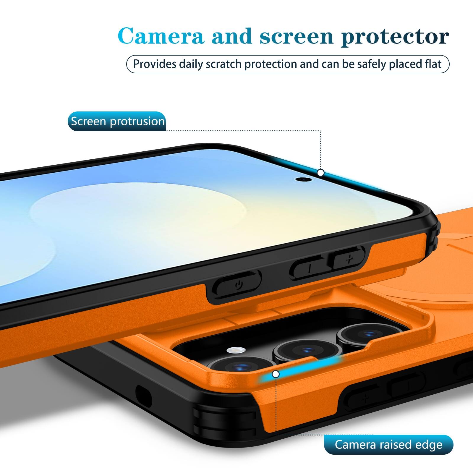 Camera and screen protector  
Provides daily scratch protection and can be safely placed flat  

Screen protrusion  

Camera raised edge