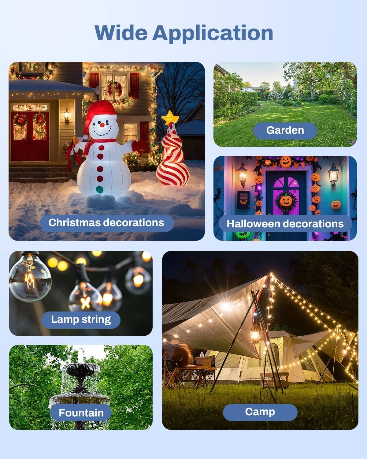 Wide Application

- Garden
- Christmas decorations
- Halloween decorations
- Lamp string
- Fountain
- Camp