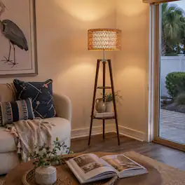 Malletson - 61" Tall Boho Tripod Floor Lamp with Shelves, Mid-Century Modern Wood 61'' Standing Lamp with Rattan and Fabric Shades