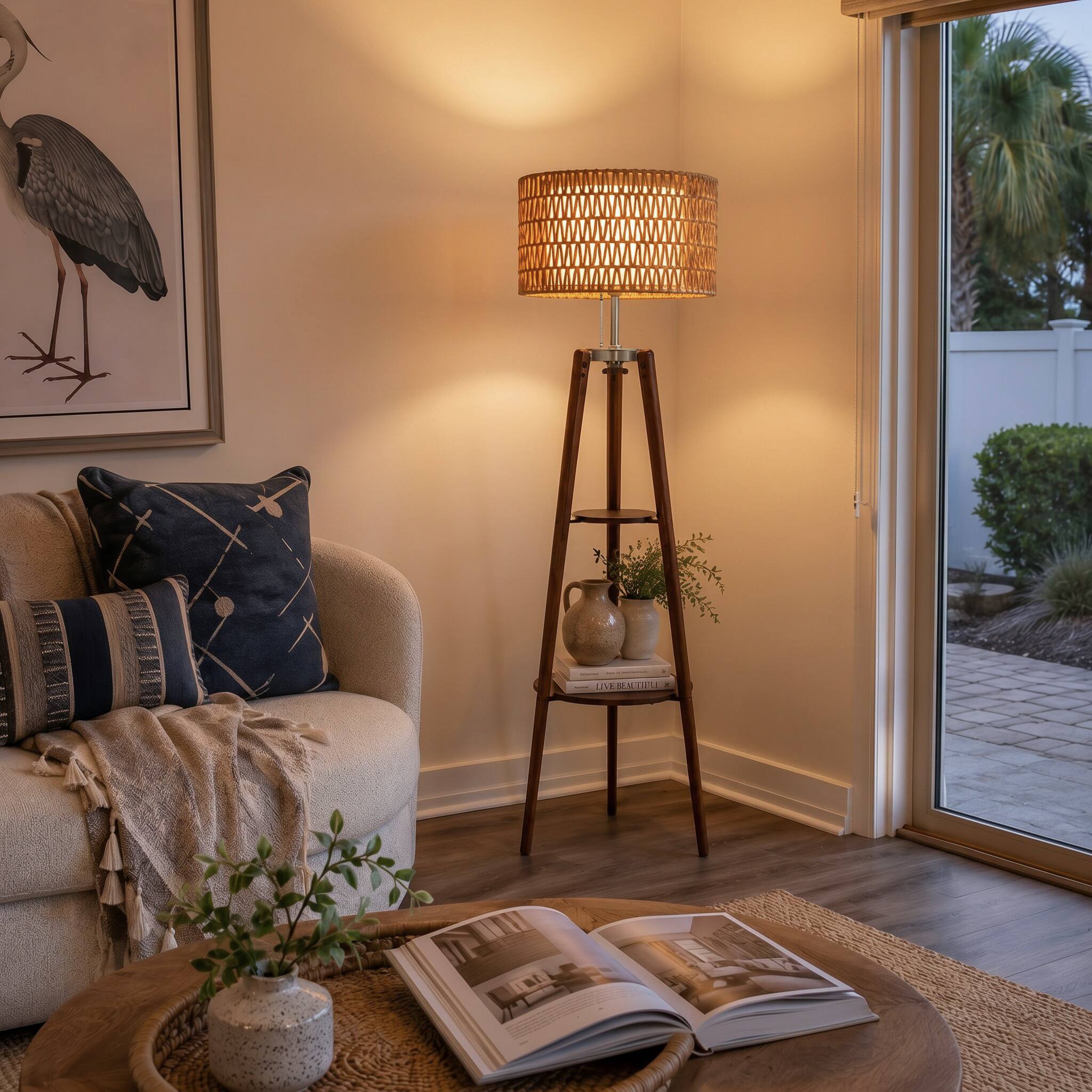 Front. Malletson - 61" Tall Boho Tripod Floor Lamp with Shelves, Mid-Century Modern Wood 61'' Standing Lamp with Rattan and Fabric Shades.