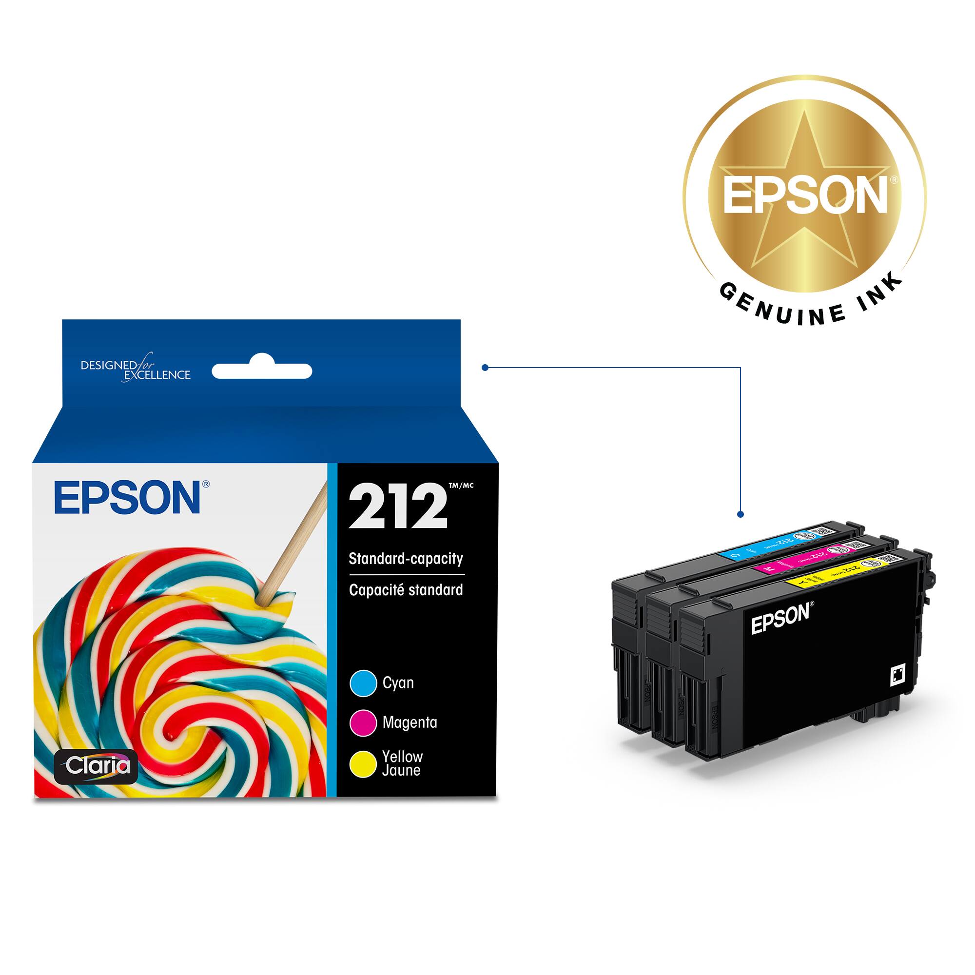 EPSON Genuine Ink 212 Standard-capacity Cartridges: Cyan, Magenta, and Yellow.