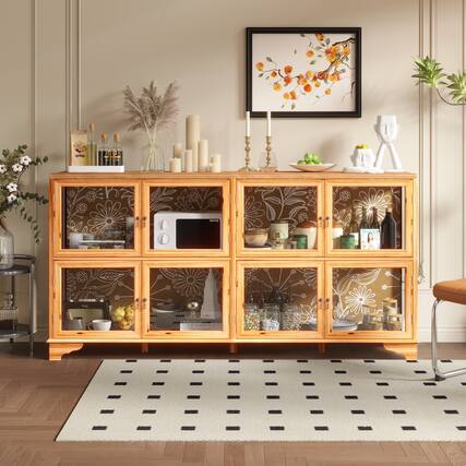 Front. Famapy - Famapy Wooden Buffet with Glass Doors: Patterned Interior & Classic Handles Sideboards - Wooden.