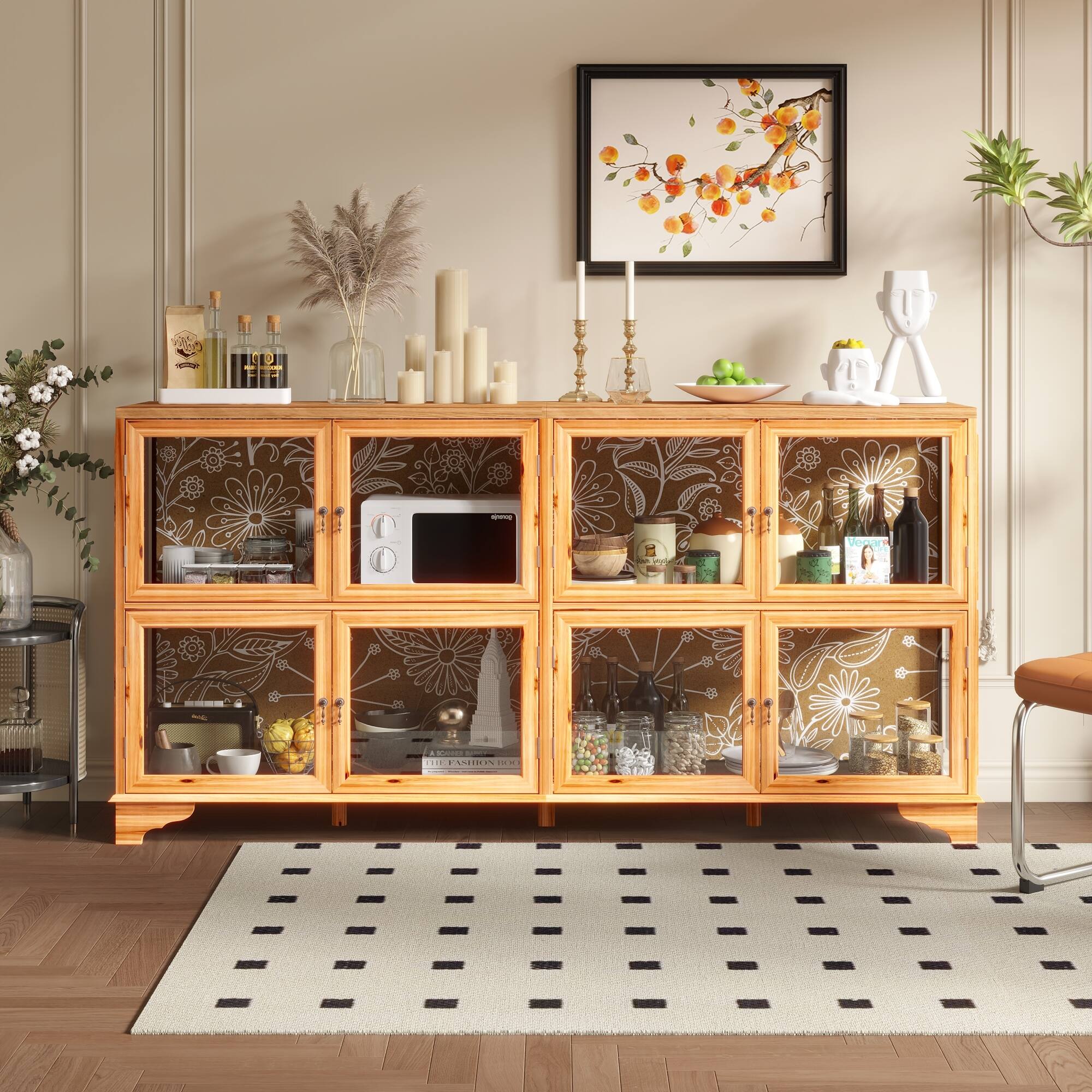 Front. Famapy - Famapy Wooden Buffet with Glass Doors: Patterned Interior & Classic Handles Sideboards - Wooden.