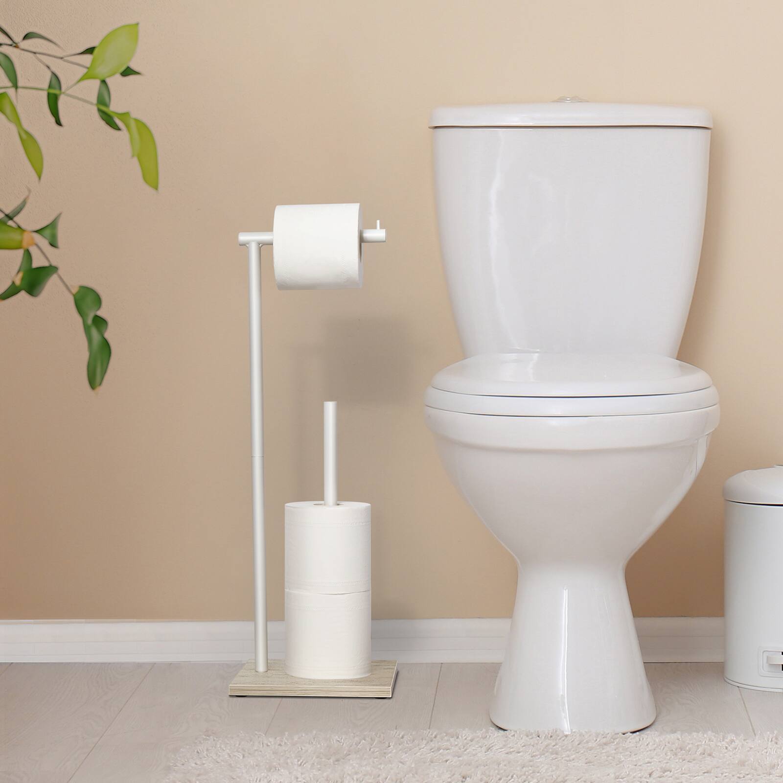 Alt View 2. Oumilen - Paper Towel Holder with White Oak Wood Base, 2-in-1 Standing Toilet Roll Storage Rack for Bathroom Kitchen.