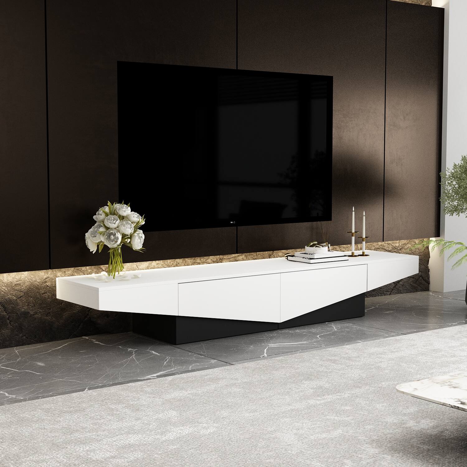 Angle. Famapy - Modern Geometric TV Stand 75", Black & White Low Profile Media Console with Sliding Drawers for Living Room - White.