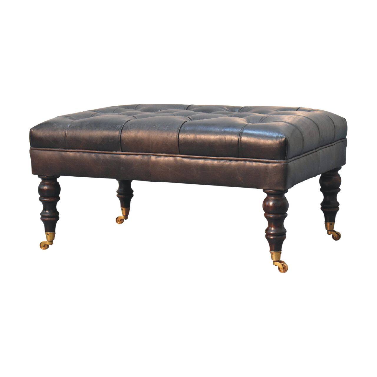 Left. Artisan Furniture - Artisan Furniture Solid Wood Buffalo Ash Black Leather Ottoman with Castor Legs, Upholstered, Black - Black.