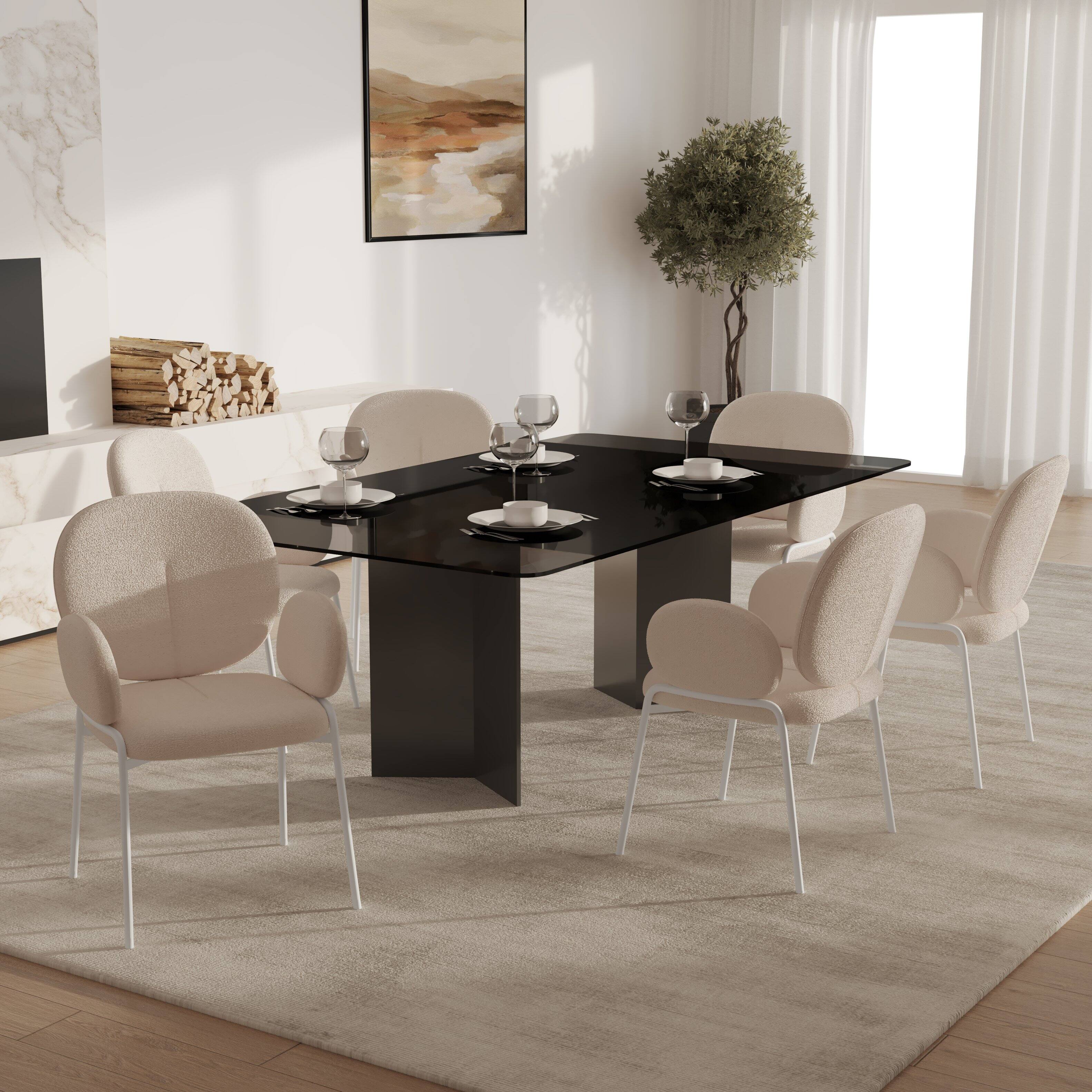 Left. LeisureMod - Celestial Modern Boucle Dining Chair with Arms, Textured Fabric Upholstered Armchair - White Metal Frame Kitchen Chair - White.