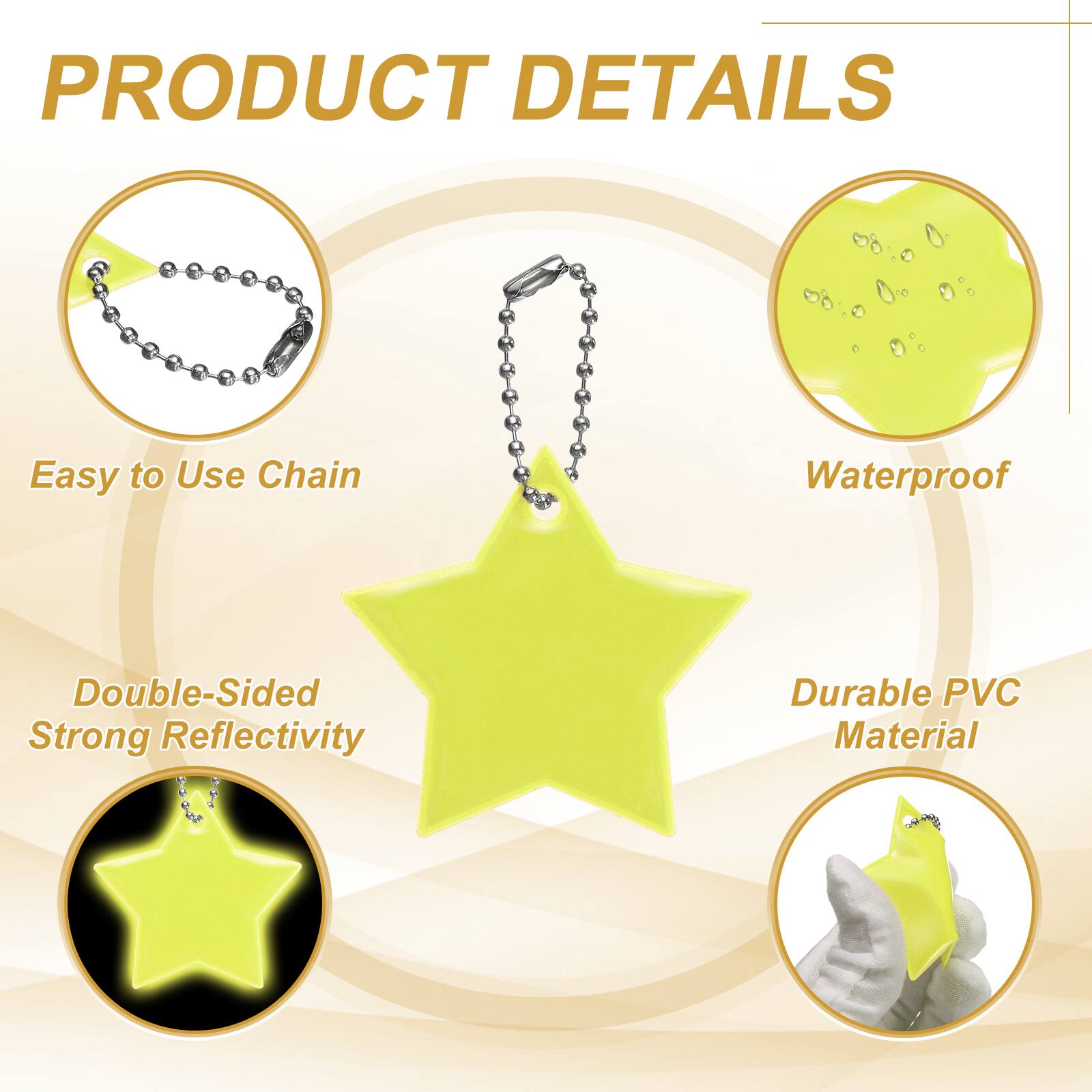 PRODUCT DETAILS

- Easy to Use Chain
- Waterproof
- Double-Sided Strong Reflectivity
- Durable PVC Material