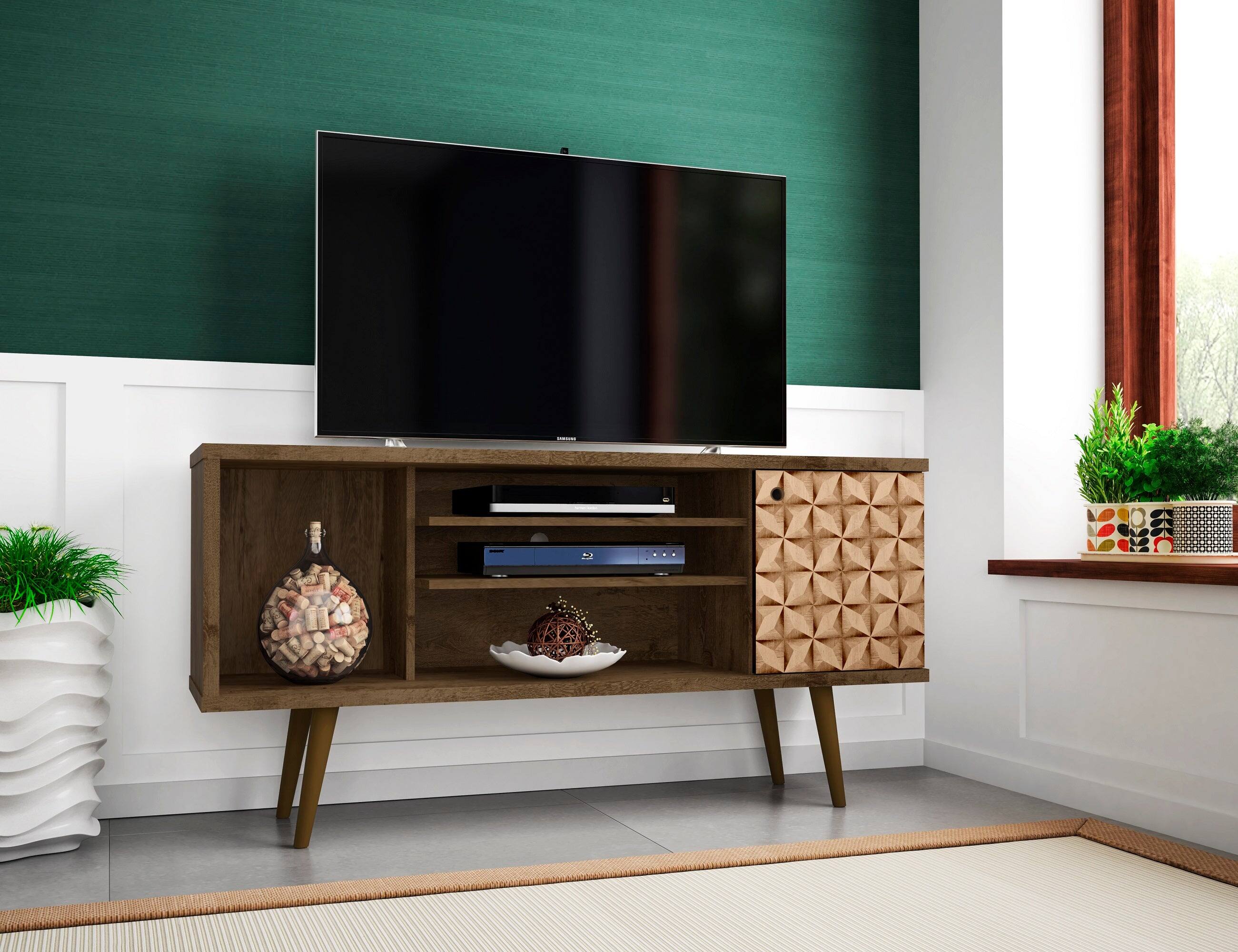 Left. Manhattan Comfort - Liberty Mid-Century Modern 53" TV Stand in Rustic Brown and Natural - Rustic Brown and Natural.