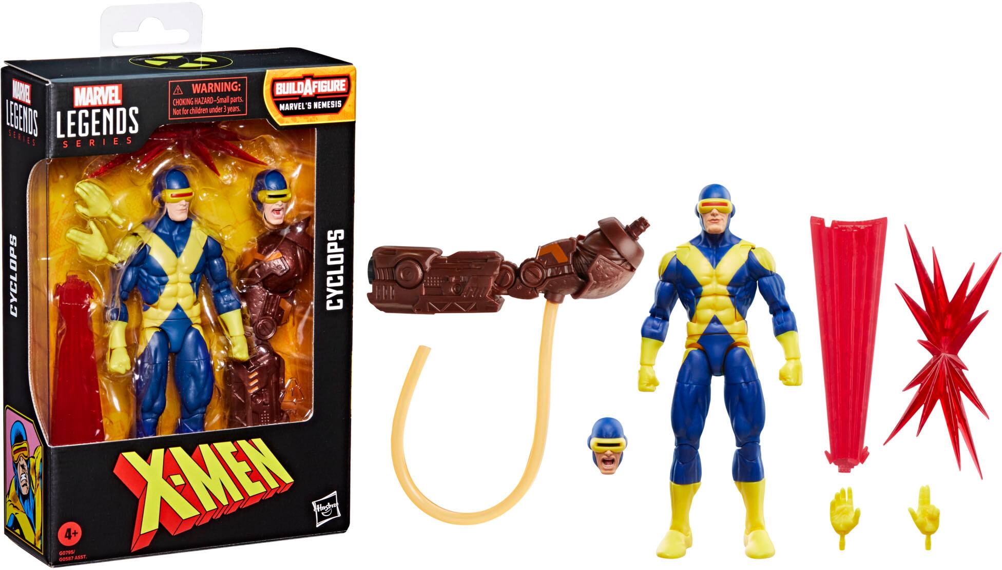 The image features a Marvel Legends action figure set, which includes a Cyclops figure and a Nemesis figure. The set is designed for children over the age of 4 and comes with a warning about small parts that could pose a choking hazard. The figures are part of the Legends series and are not intended for children under the age of 1. The set is displayed on a white background, showcasing the various parts and accessories that come with the action figures.