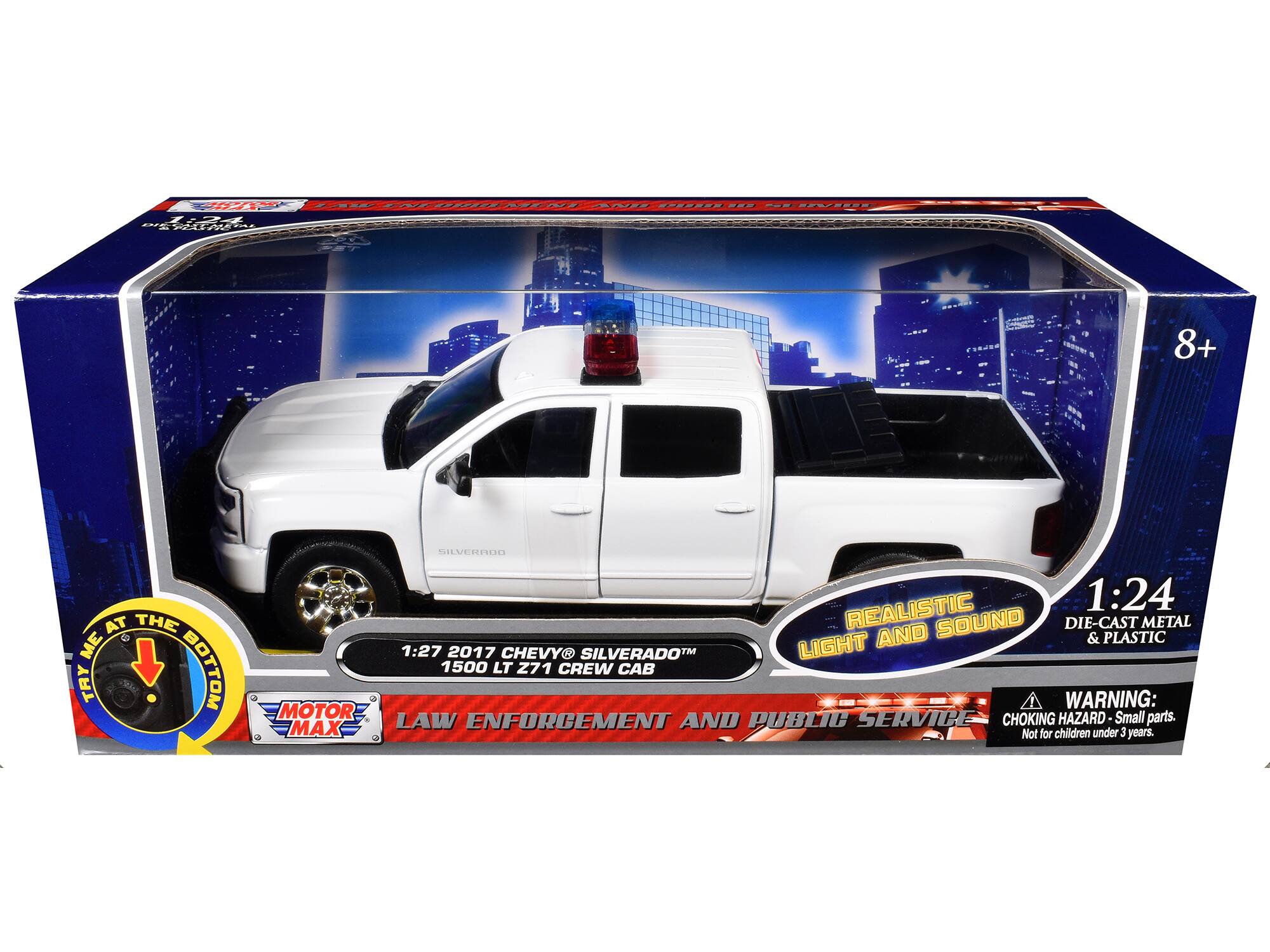 OV F PE 8+ CILVERTIO AT THE ME TAY BOTTOM MOTOR MAX REALISTIC 1:24 SOUND DIE-CAST METAL LIGHT AND & PLASTIC 1:27 2017 CHEVY SILVERADO 1500 LT Z71 CREW CAB WARNING: LAW ENFORCEMENT AND PUBLIC SERVICE CHOKING HAZARD Small parts. Not for children under 3 years.