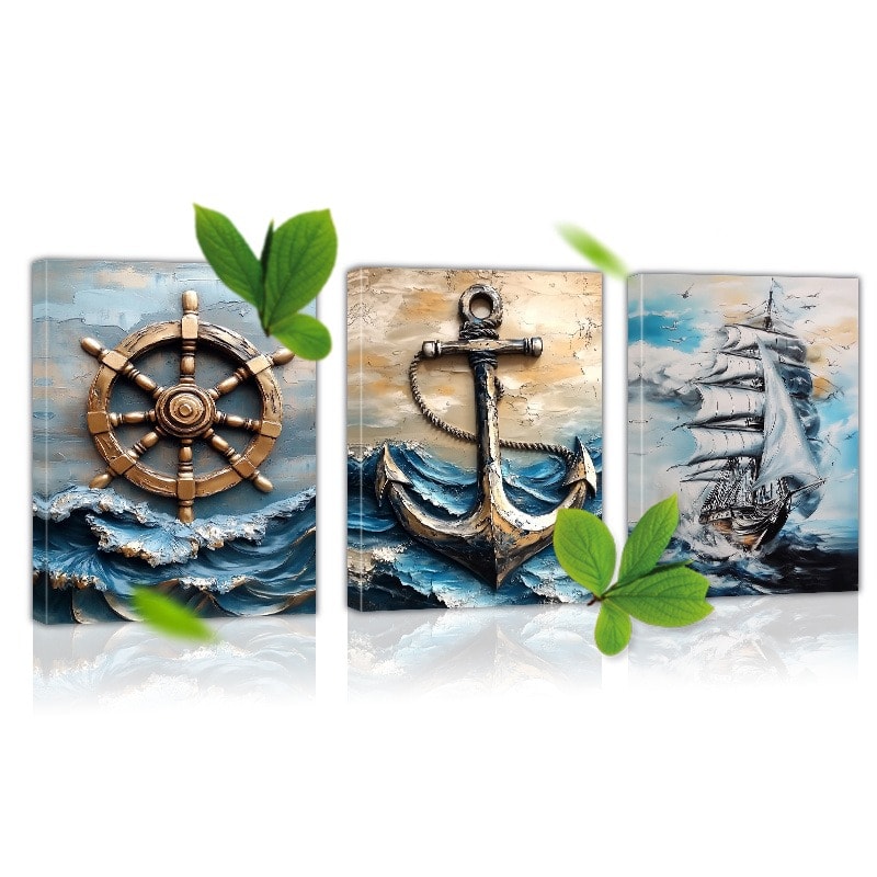 blue - Vintage Nautical Wall Art - 3pcs Framed Canvas Set with Ship, Anchor, and Steering Wheel - Multipurpose Sea-Themed Deco - Color:12*8inch(30*20cm)