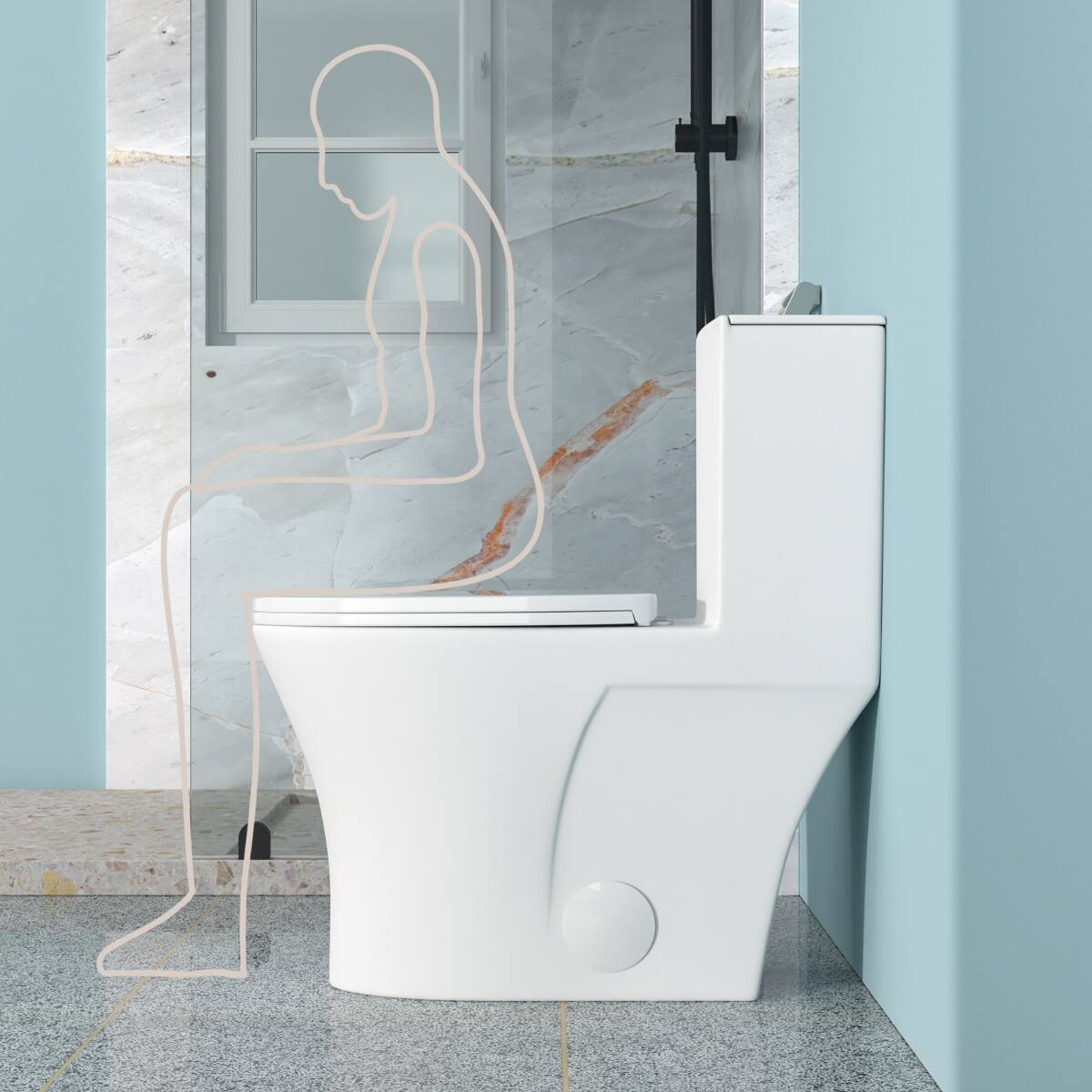 Left. Loheer - Loheer One Piece Ceramic Toilet, Dual Flush, Twelve Inch Rough In, Elongated Bowl - White.
