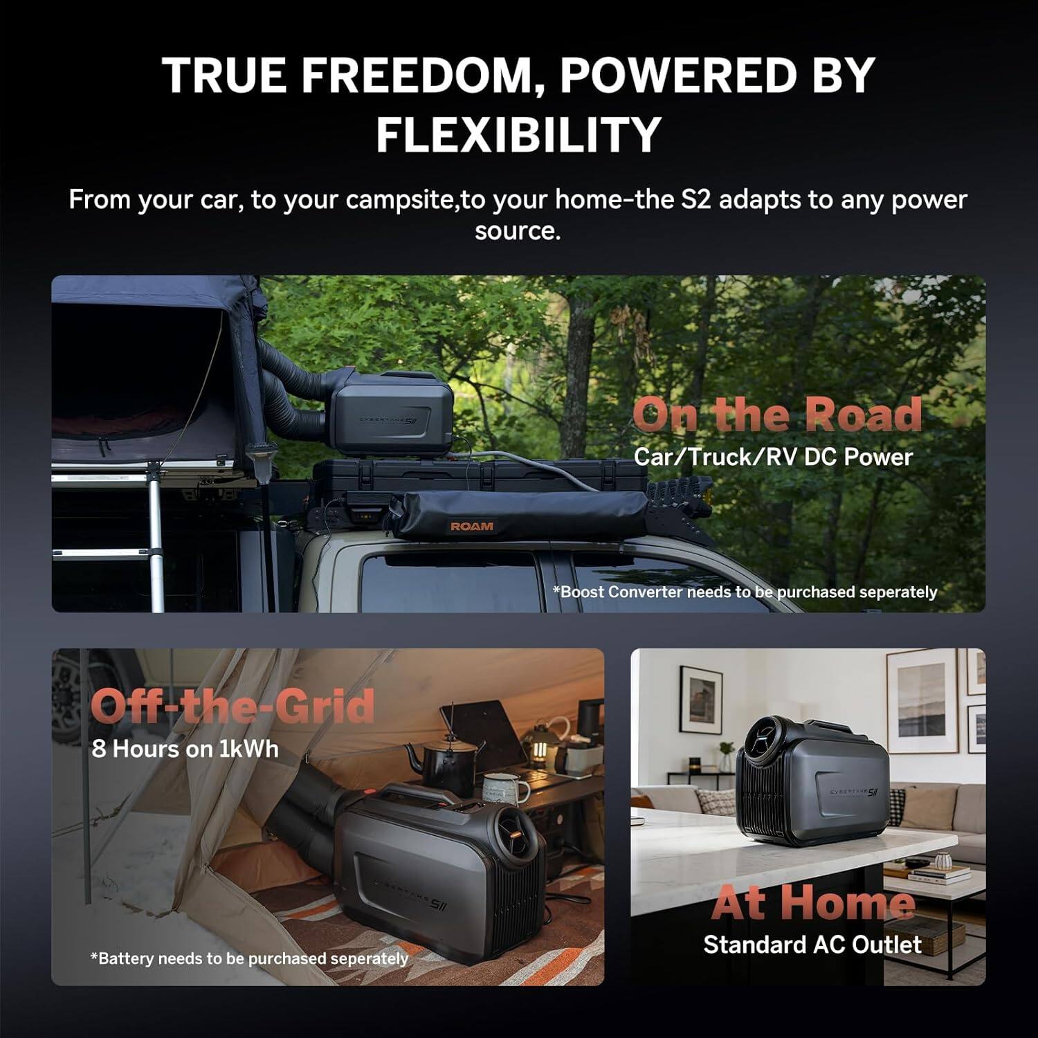 TRUE FREEDOM, POWERED BY FLEXIBILITY

From your car, to your campsite, to your home—the S2 adapts to any power source.

On the Road
Car/Truck/RV DC Power
*Boost Converter needs to be purchased separately

Off-the-Grid
8 Hours on 1kWh
*Battery needs to be purchased separately

At Home
Standard AC Outlet