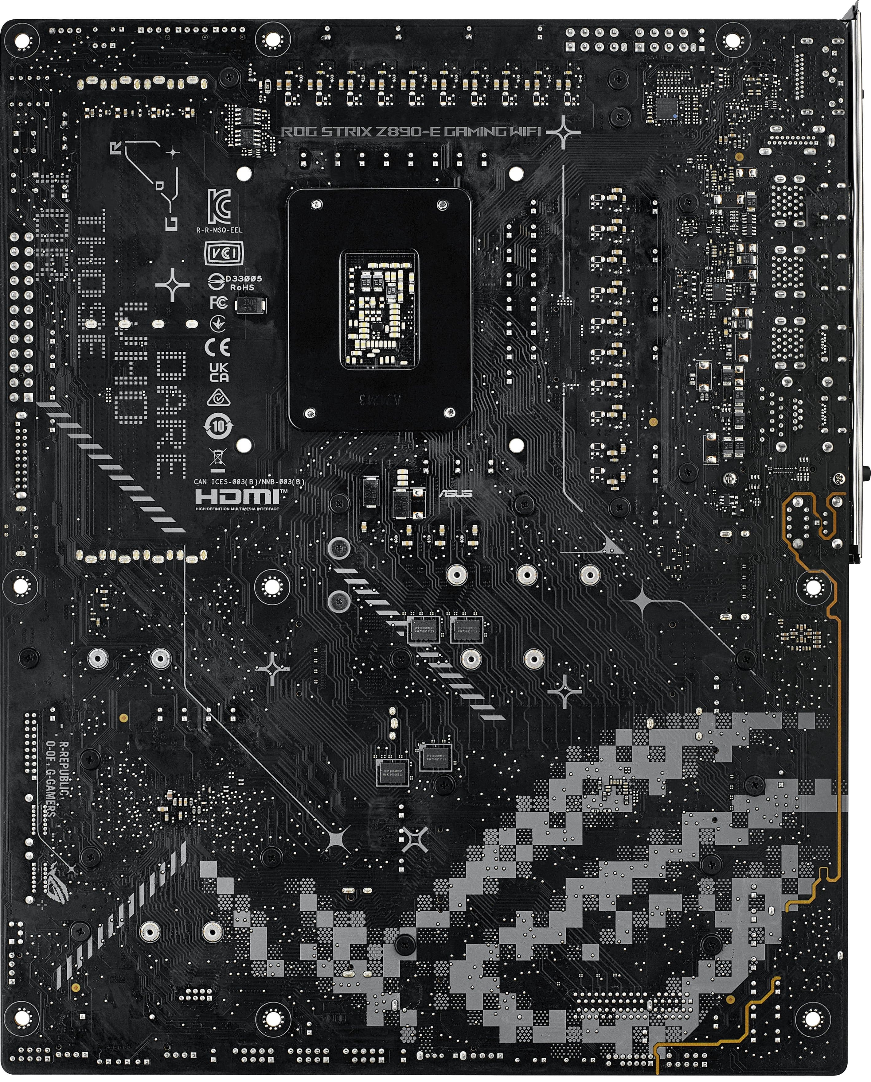 The text on the image reads: "ROG STRIX Z890-E GAMING WIFI IC RR-HOO-EEL VCI D33e85 THOSE CE FC RAHS E UHD DARE 10 CAN ICES-PEX A Xe HDME O-OF G-GAM R-REPUBLIC."