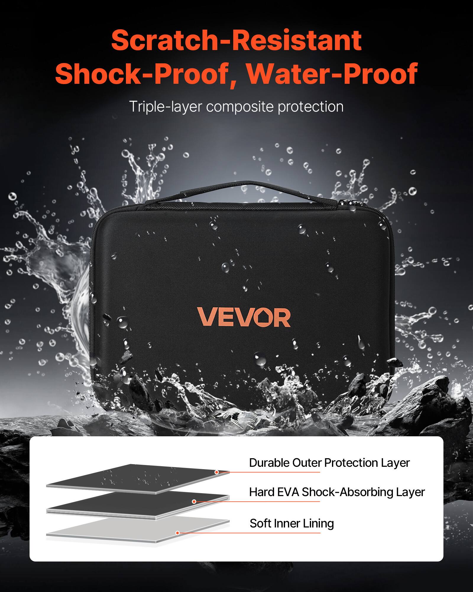 Scratch-Resistant  
Shock-Proof, Water-Proof  
Triple-layer composite protection  

VEVOR  

Durable Outer Protection Layer  
Hard EVA Shock-Absorbing Layer  
Soft Inner Lining
