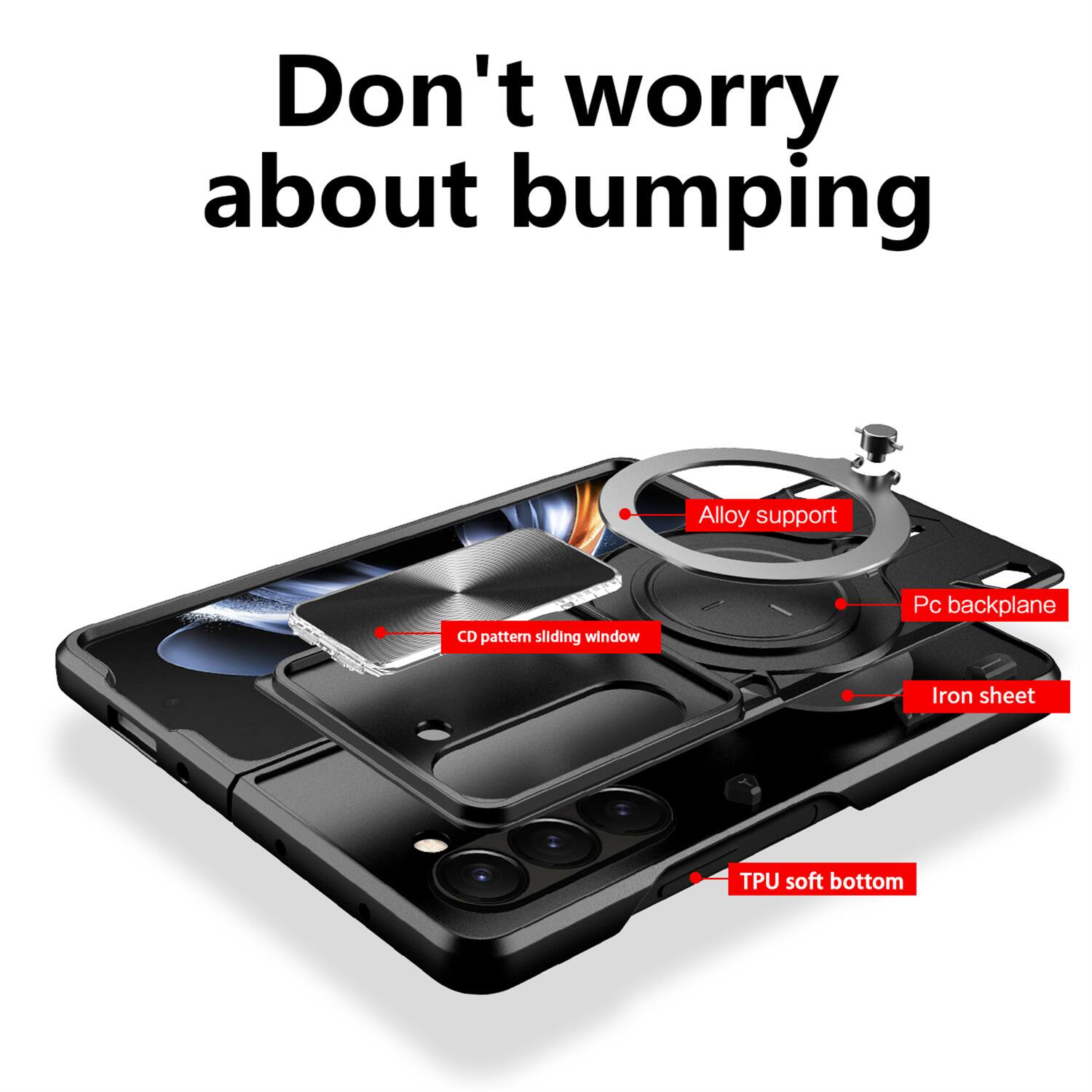 Don't worry about bumping

Alloy support
CD pattern sliding window
Pc backplane
Iron sheet
TPU soft bottom