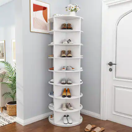 Front. Loheer - Loheer 8-Tier Rotating Shoe Rack, Freestanding Storage Tower for 32 Pairs, White - White.