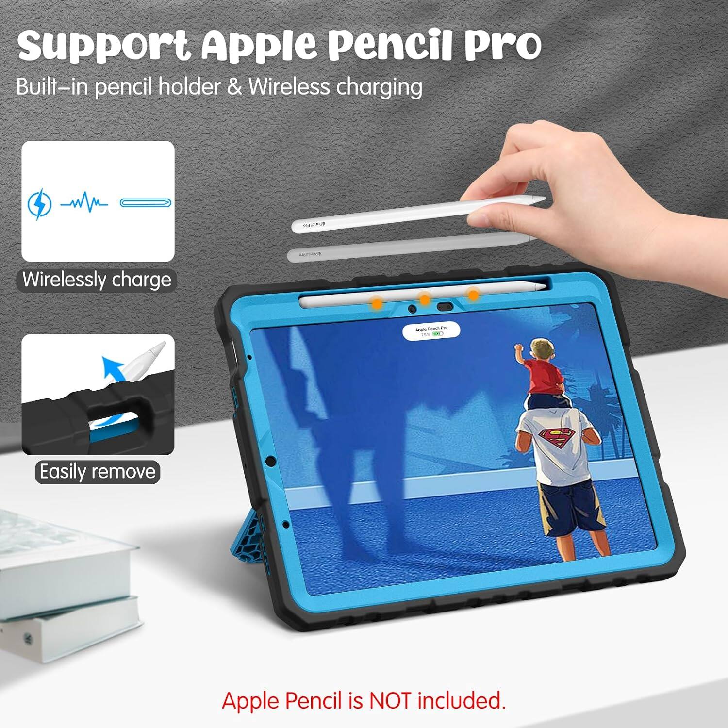 Support Apple Pencil Pro  
Built-in pencil holder & Wireless charging  

Wirelessly charge  

Easily remove  

Apple Pencil is NOT included.