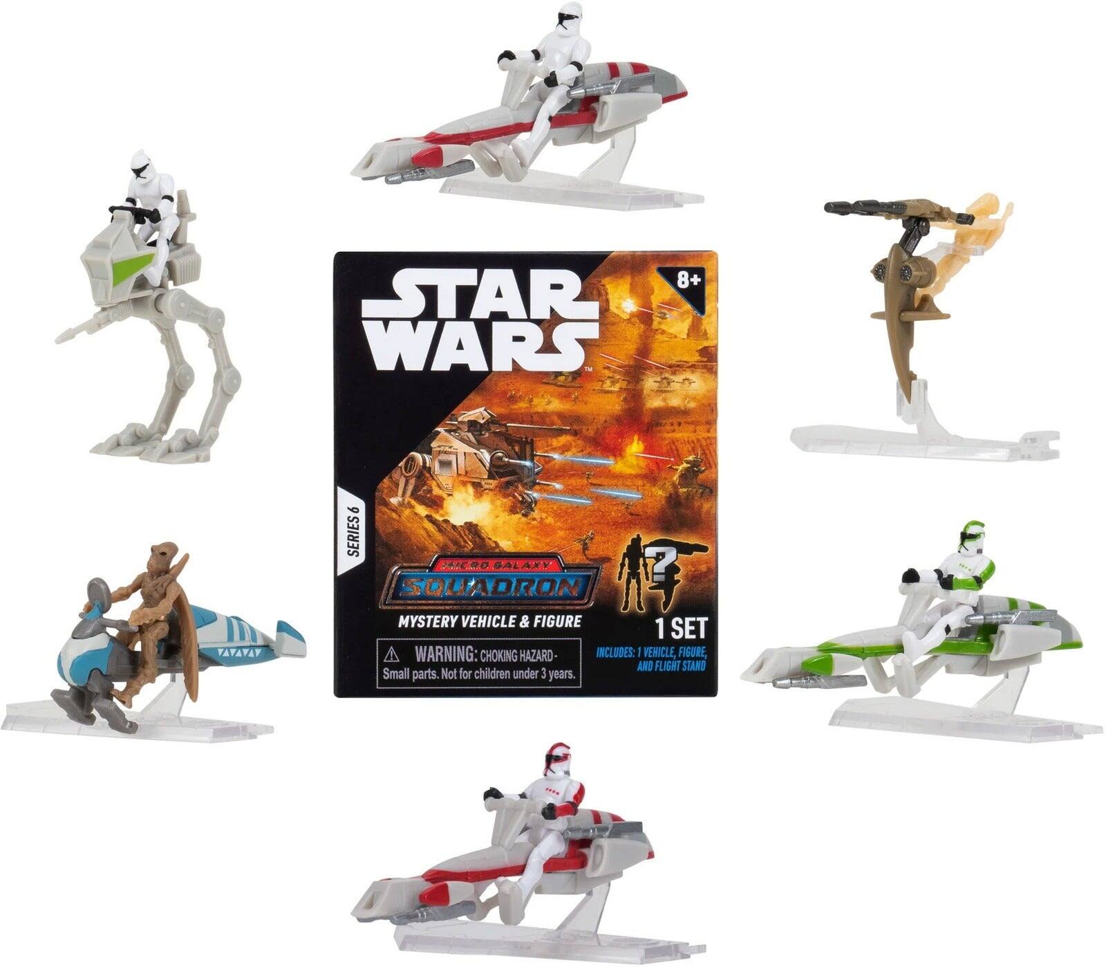8+ STAR WARS 9 SERIES 6 GALAXY SQUADRON MYSTERY VEHICLE & FIGURE 1 SET  
WARNING: CHOKING HAZARD- INCLUDES: 1 VEHICLE, FIGURE, AND FLIGHT STAND  
Small parts. Not for children under 3 years.